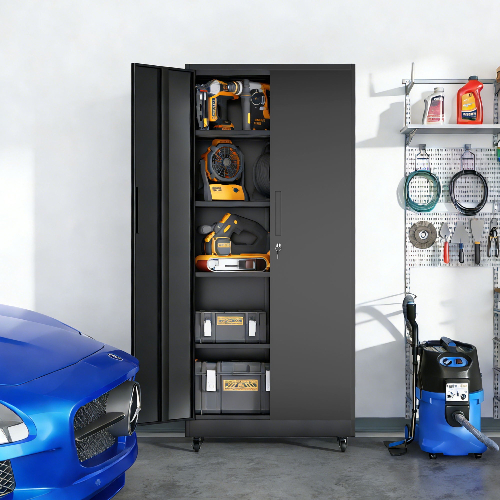 Storage Cabinet With Wheels And Lock, 4 Adjustable Shelves, 3 Point Locking Security, For Tool Organization In Garage - Black