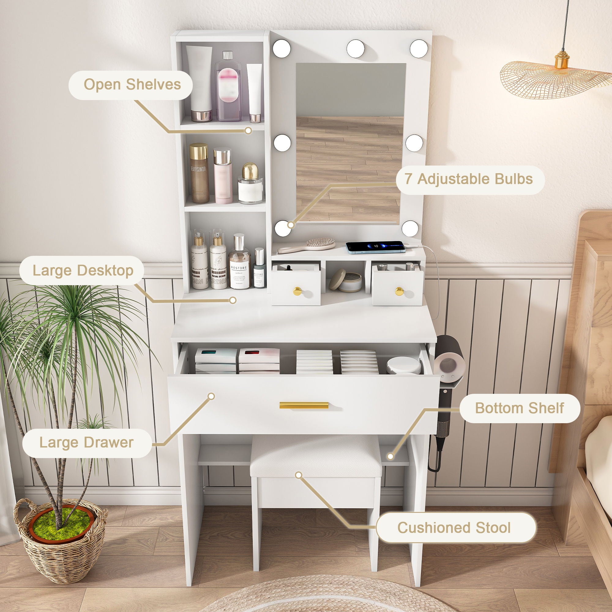 Vanity Table With Mirror, Adjustable LED Lights, Power Outlet, Hairdryer Holder & Stool