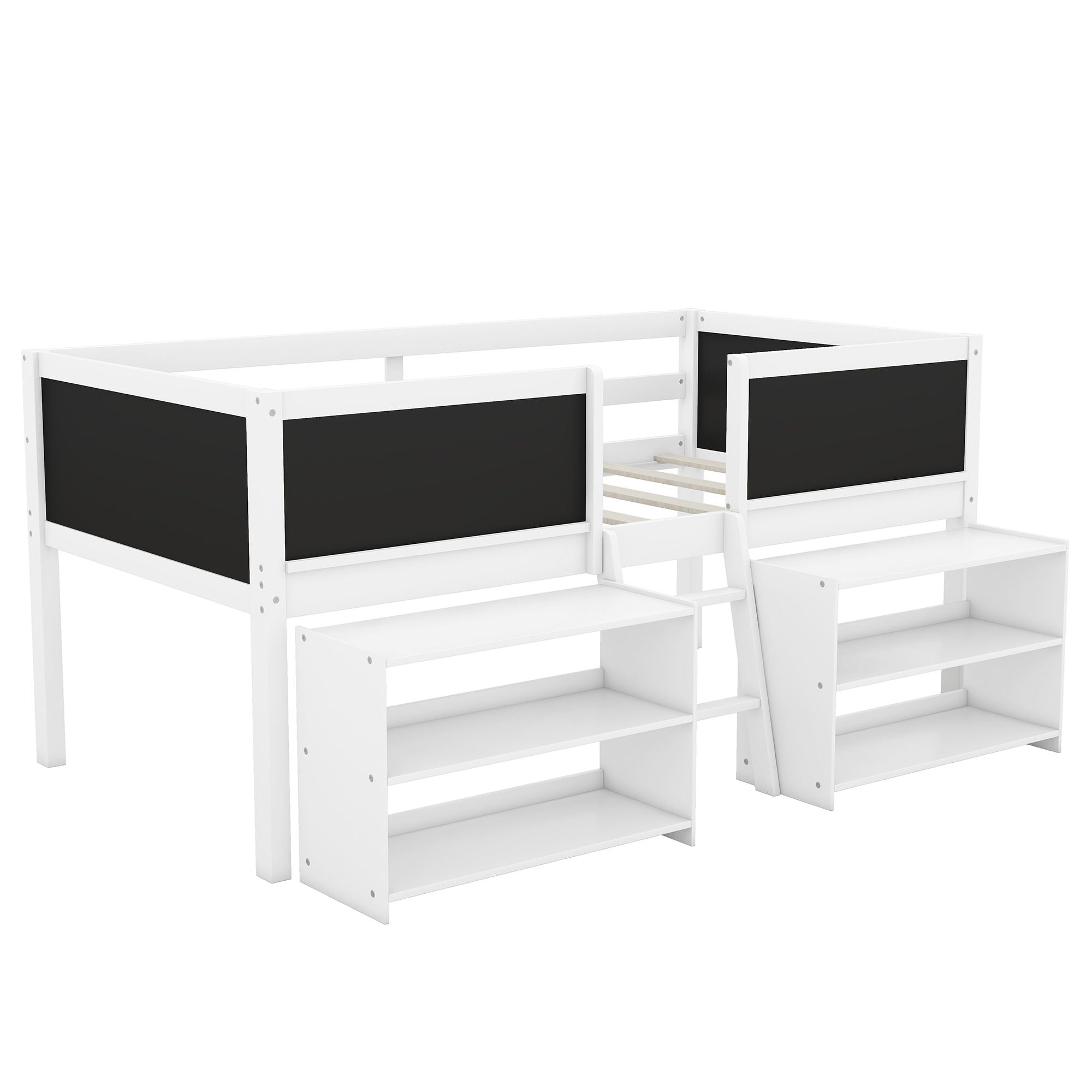 Low Loft Bed With Movable Shelves And Ladder, Decorative Chalkboard Guardrail
