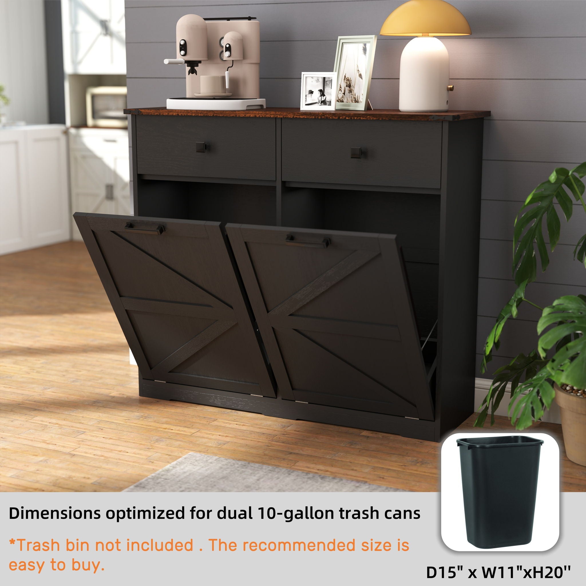 Double Tilt Out Trash Cabinet With Hideaway Drawer And Barn Door Style