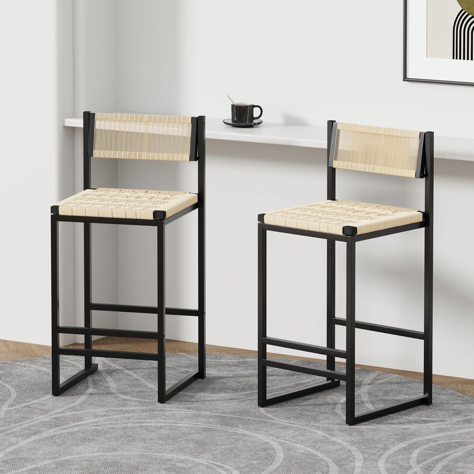 Style B, Woven Bar Stools With Backrest, Paper Rope Weave Dining Chairs For Kitchen Island - Creamy White