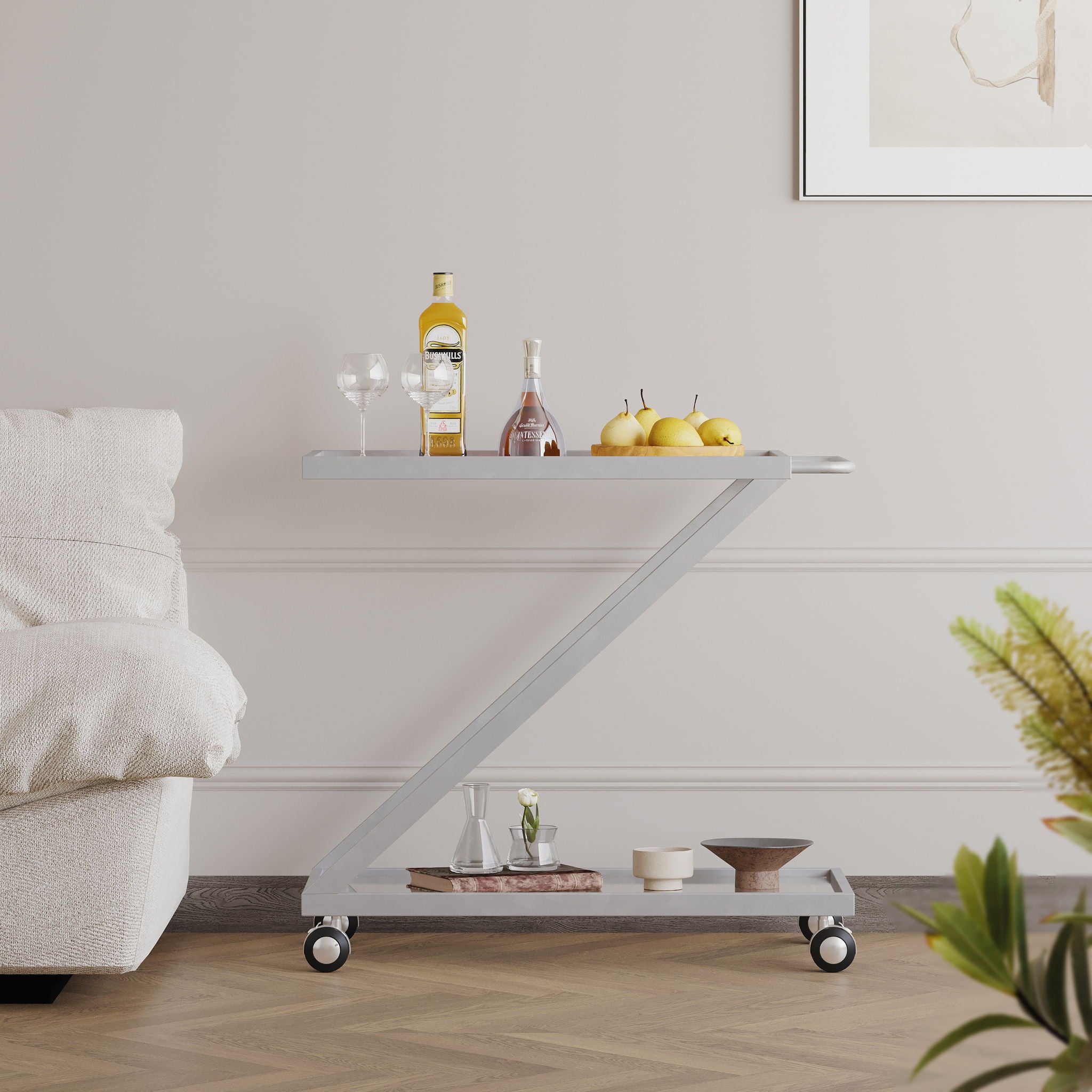 Modern Z Shaped Bar Cart With Tempered Glass Shelves - Silver