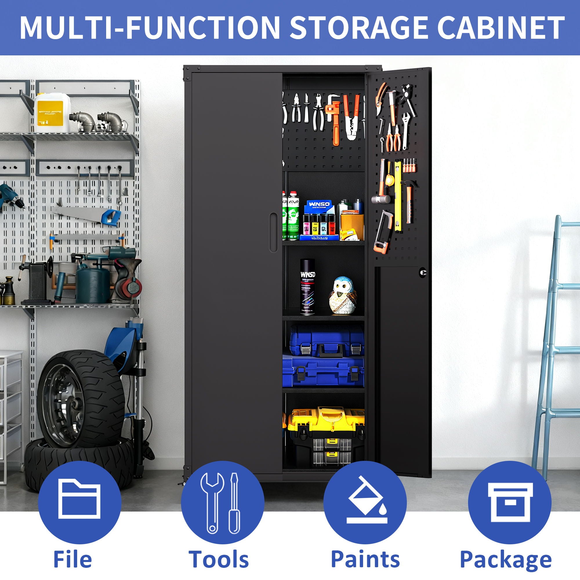 Garage Storage Cabinet With Wheels Heavy-Duty Tool Storage - Black