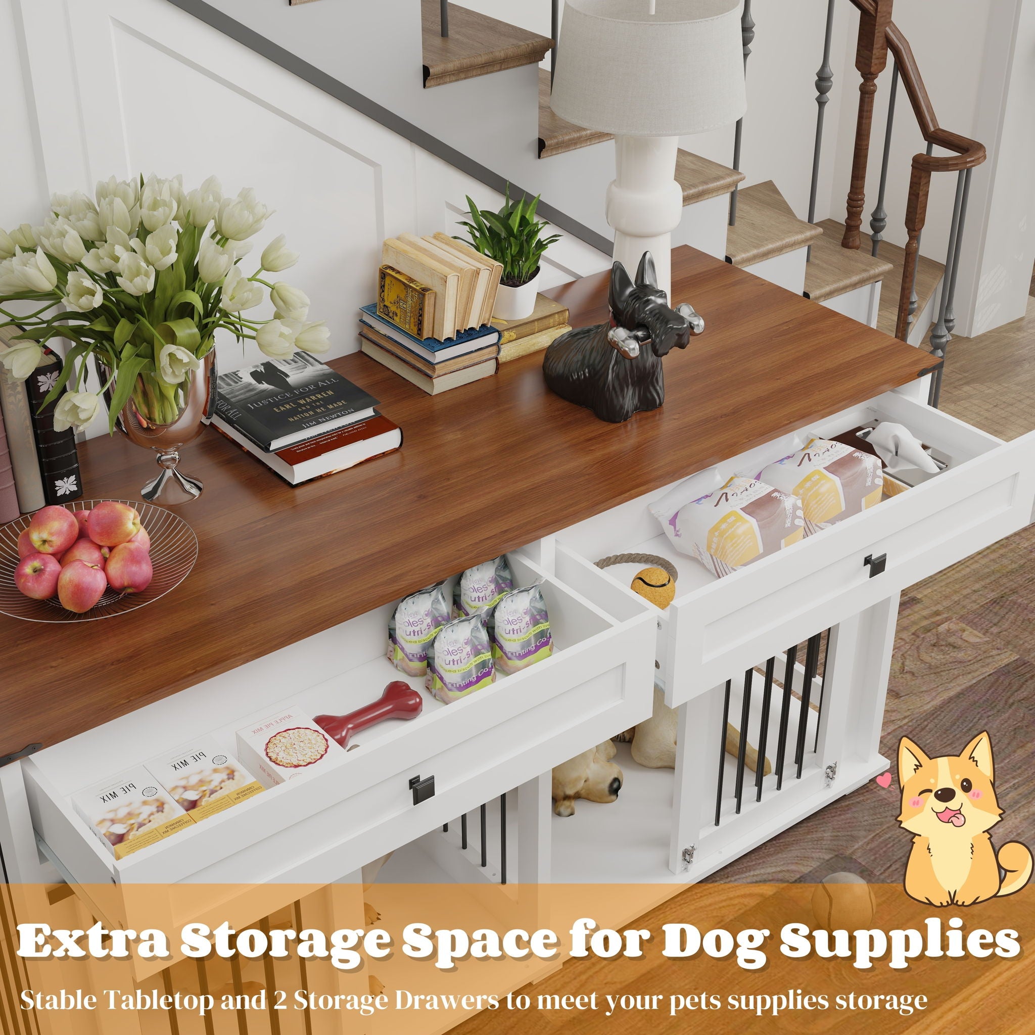 Large Dog Crate, Water Resistant Indoor Pets Furniture Double Dog Crates - Brown White
