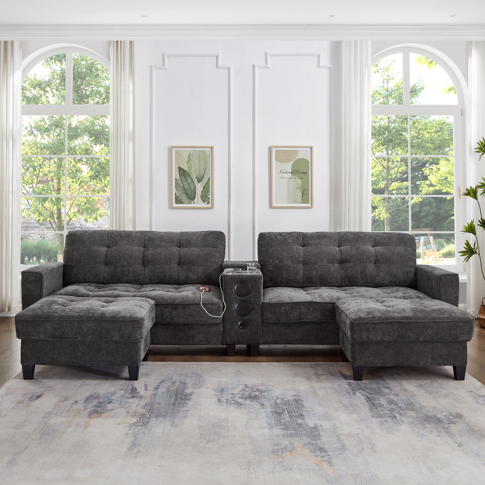 Modern Sectional Sofa U-Shaped With Movable Ottomans, tooth Speakers, LED Lights And Modular Storage