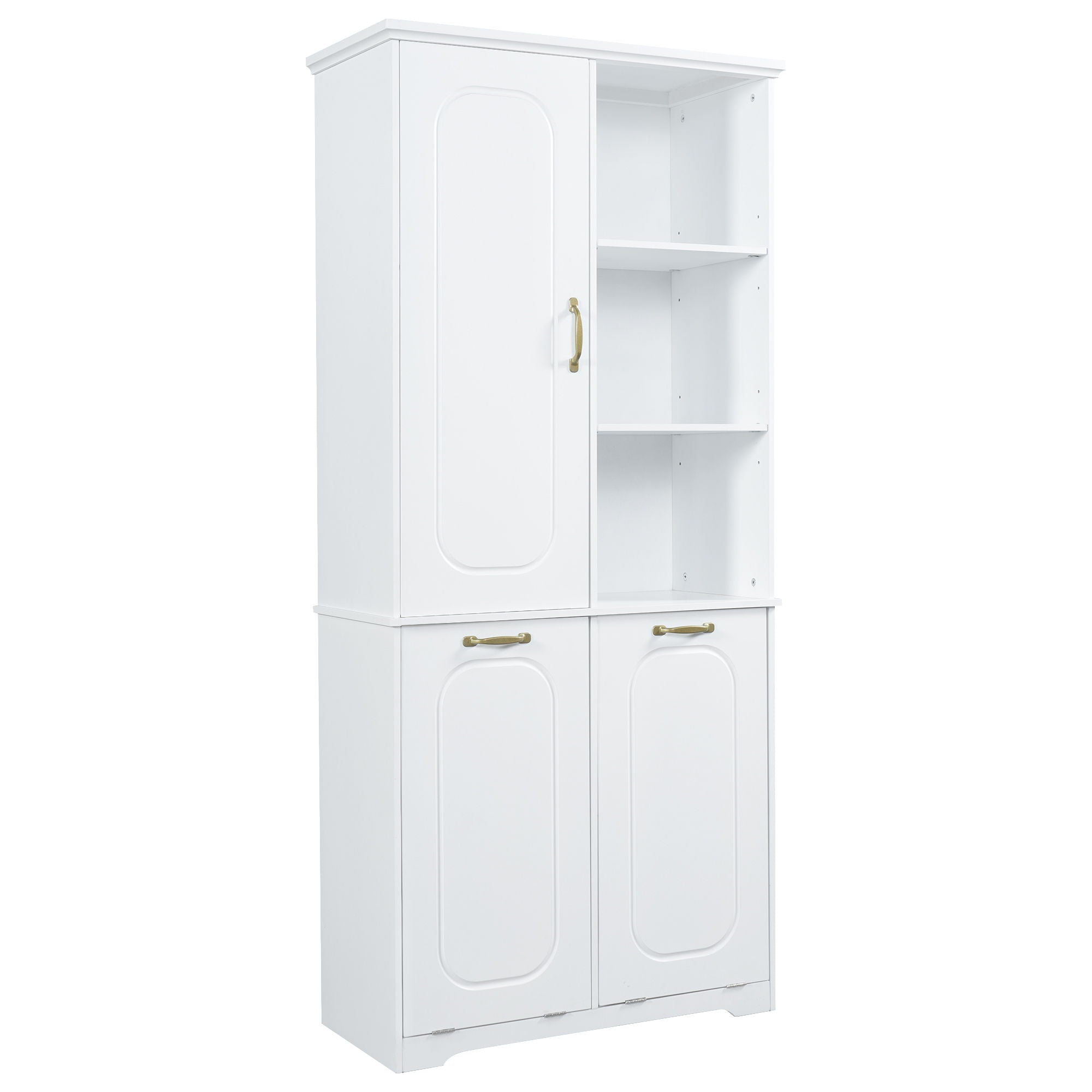 Freestanding Tall Storage Cabinet With 2 Tilt Out Hampers, Adjustable Shelves, Soft Close Door, Door Mounted Organizer - White