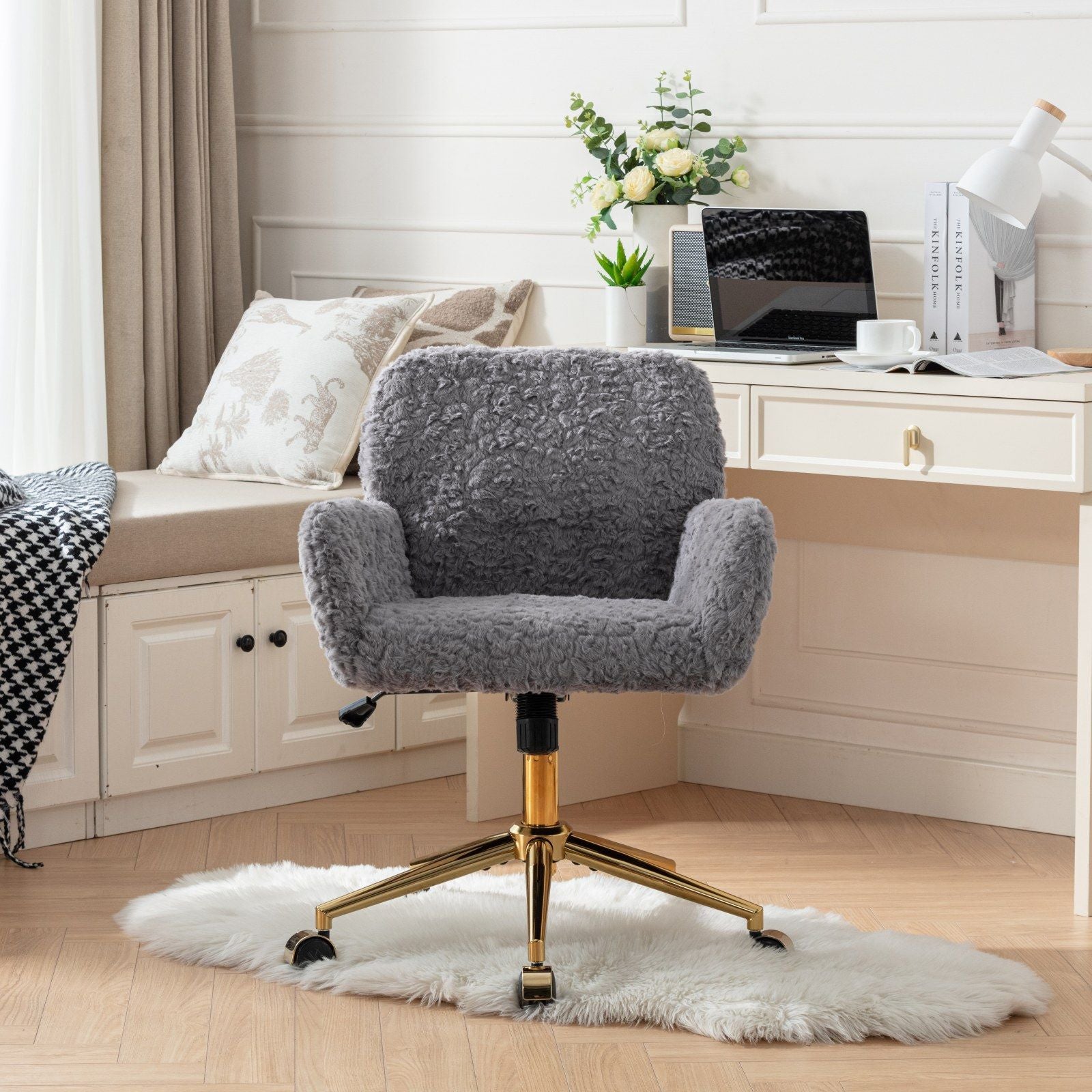Office Chair, Artificial Rabbit Hair Home Office Chair With Metal Base, Adjustable Desk Chair Swivel Office Chair, Vanity Chair