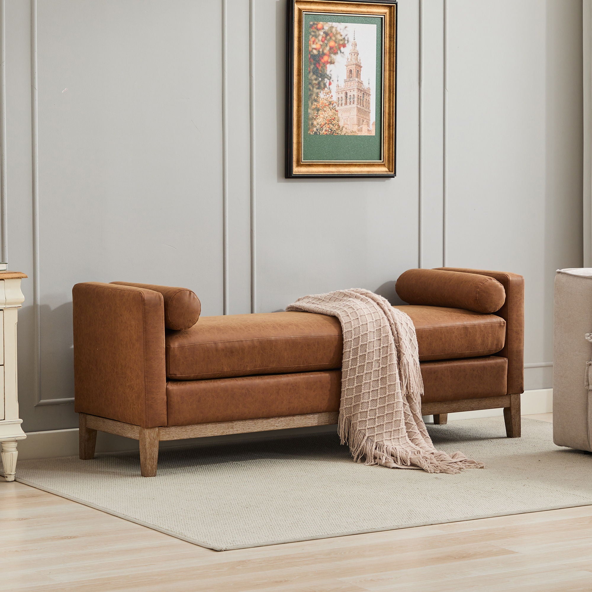 Elegant Upholstered Bench Daybed Ottoman With Bolster Pillows