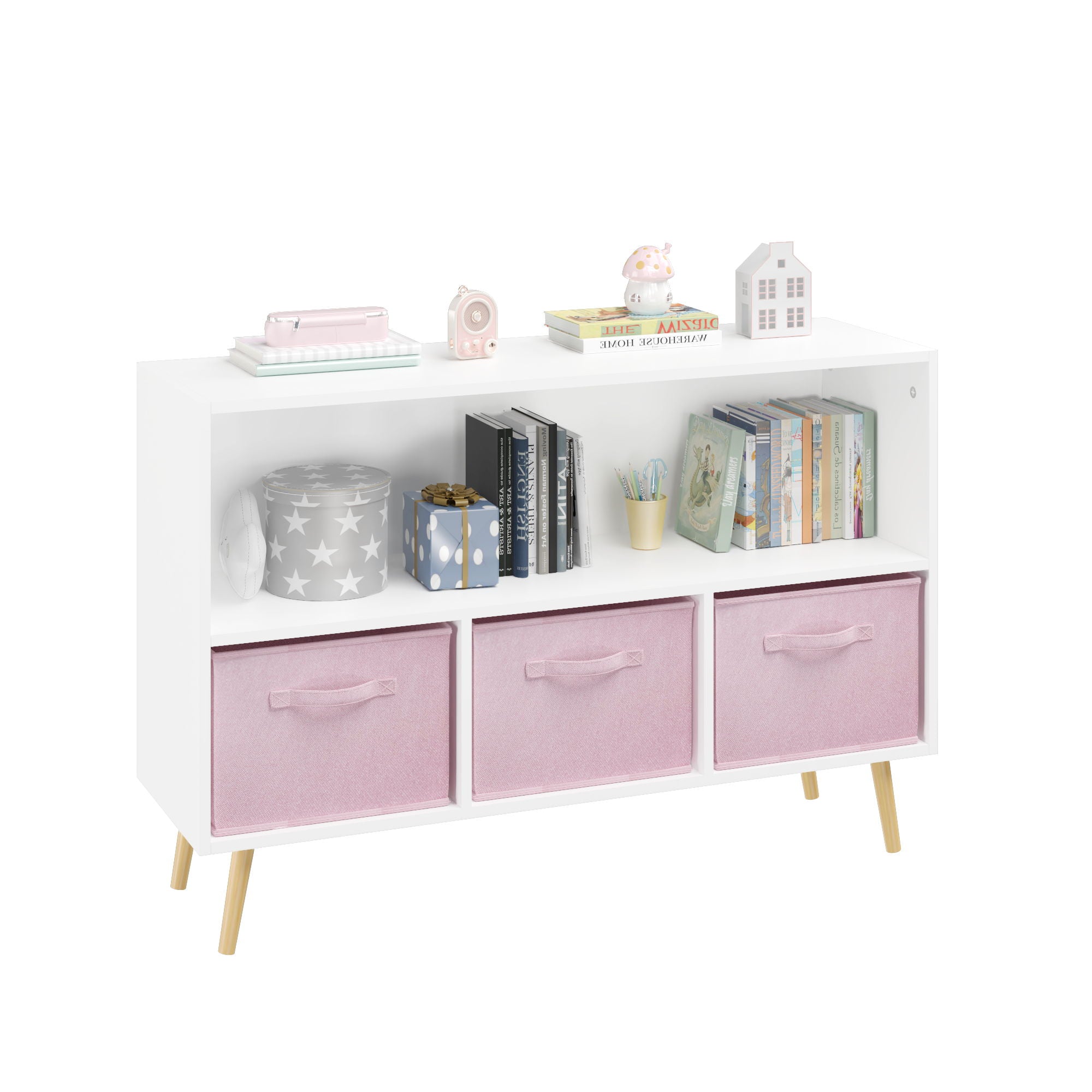 Bookcase With Collapsible Drawers, Book Display Organizer
