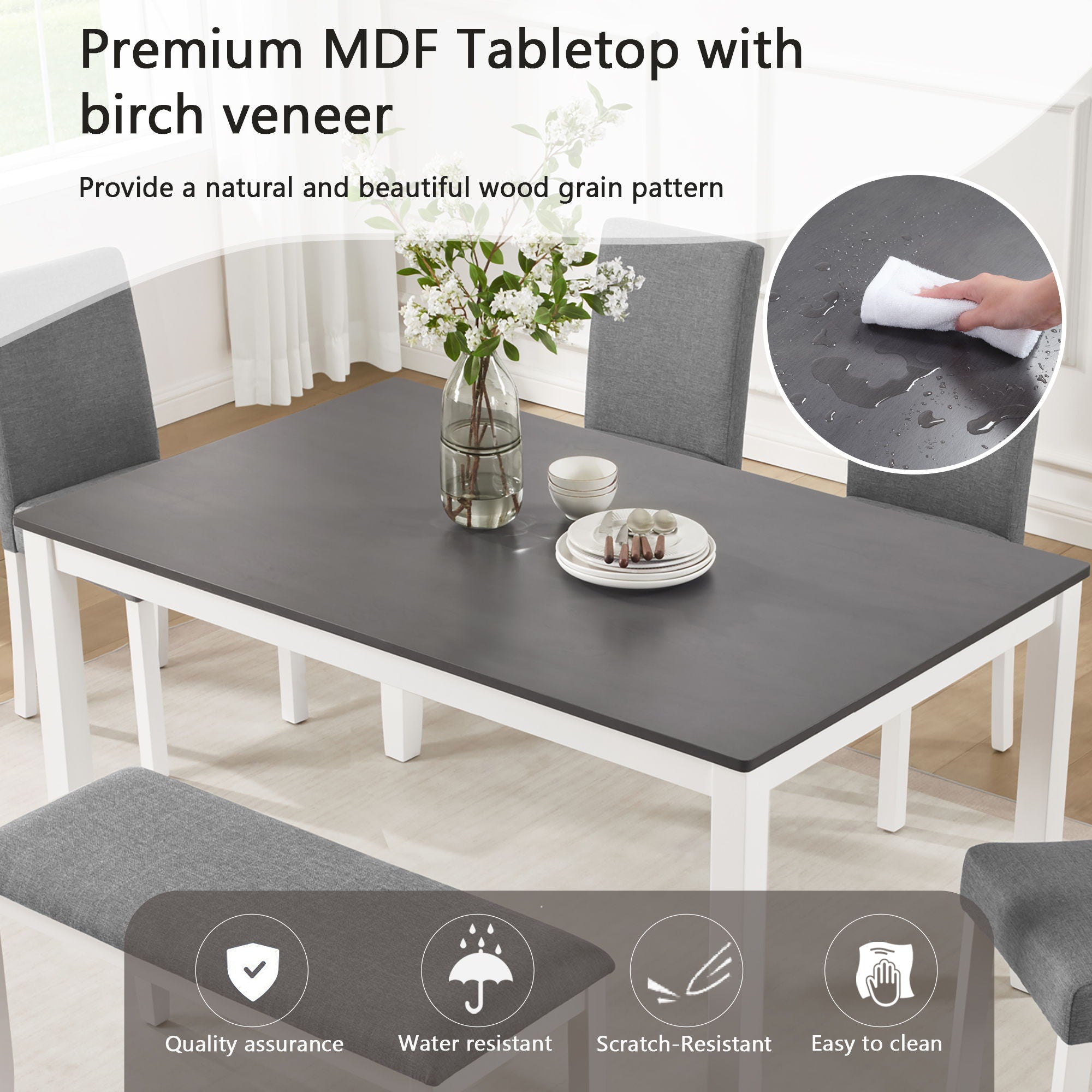 6 Piece Dining Table Set With Bench And Chairs