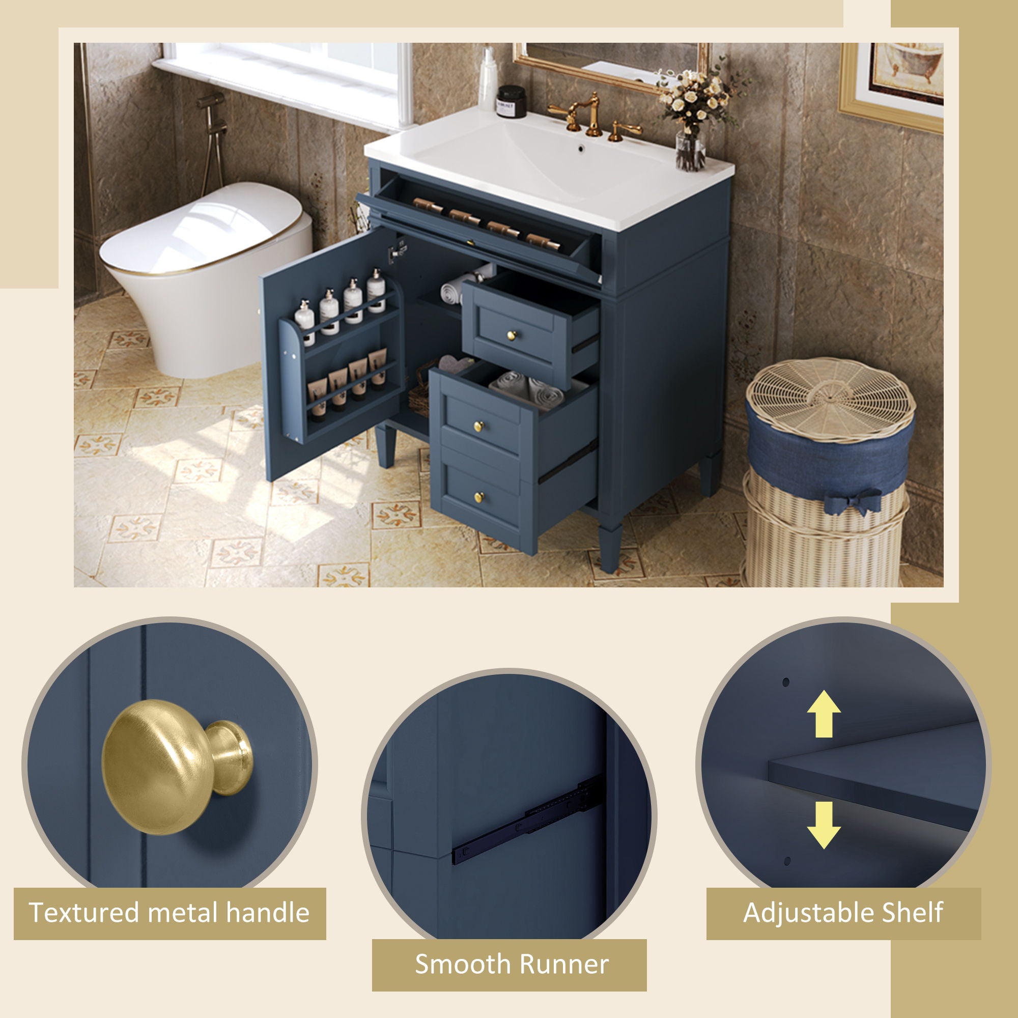 Bathroom Vanity With Top Sink, 2 Drawers And Tip Out Drawer, Rectangular Design