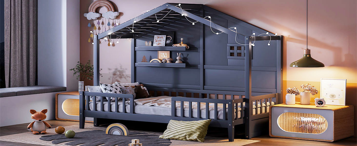 House Bed With Shelves, Window And Sparkling Light Strip On The Roof