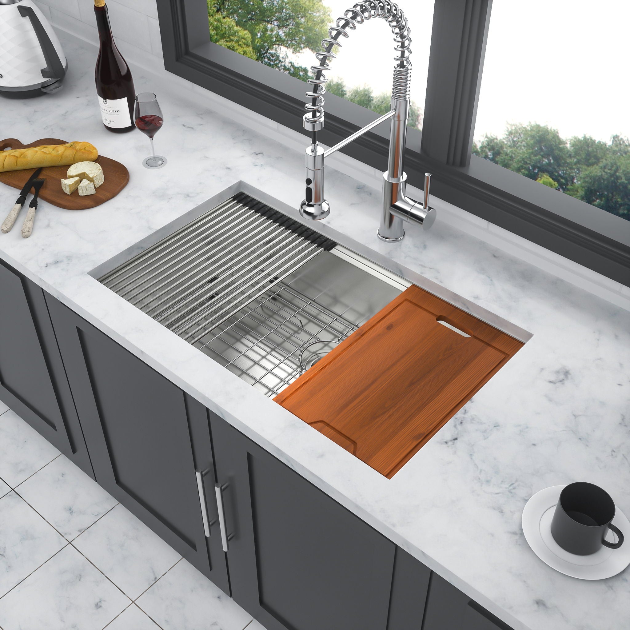30" Undermount Kitchen Sink 16 Gauge Ledge Workstation - Brushed Nickel