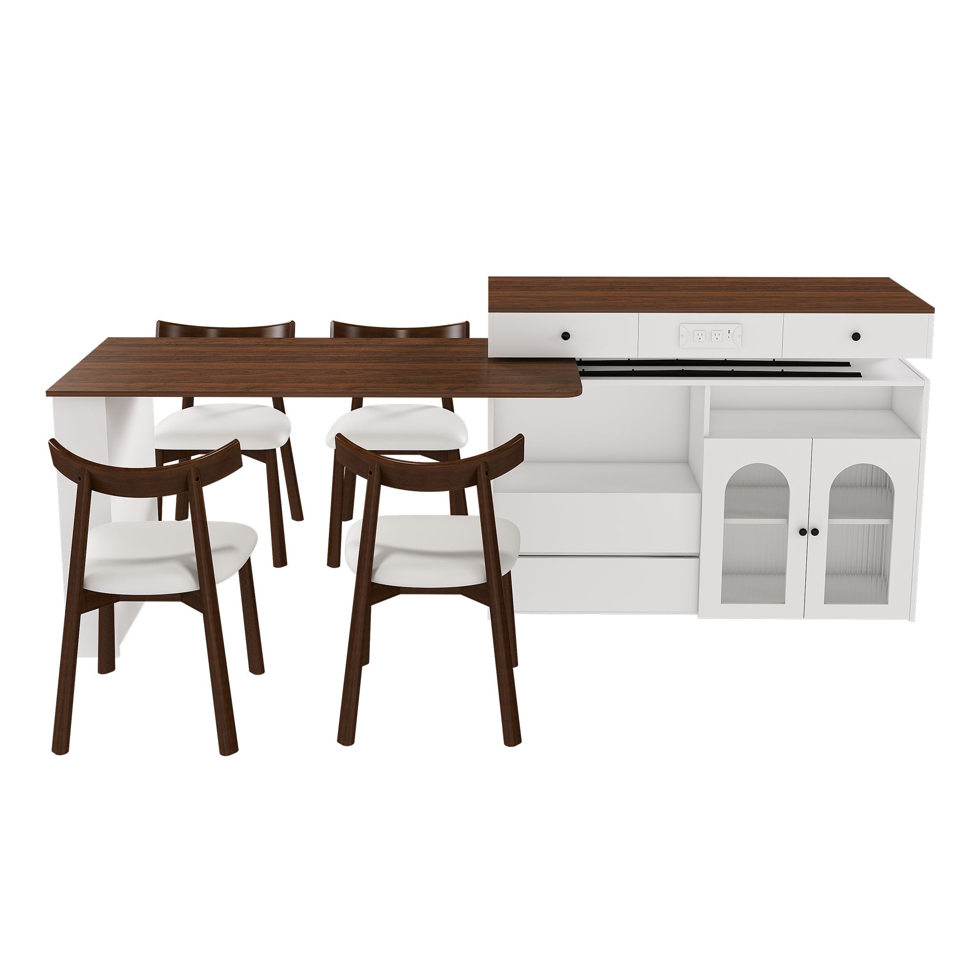 Retro Kitchen Island Set With Chairs, Extendable & Rotating Table, 4 Drawers & Door Cabinets