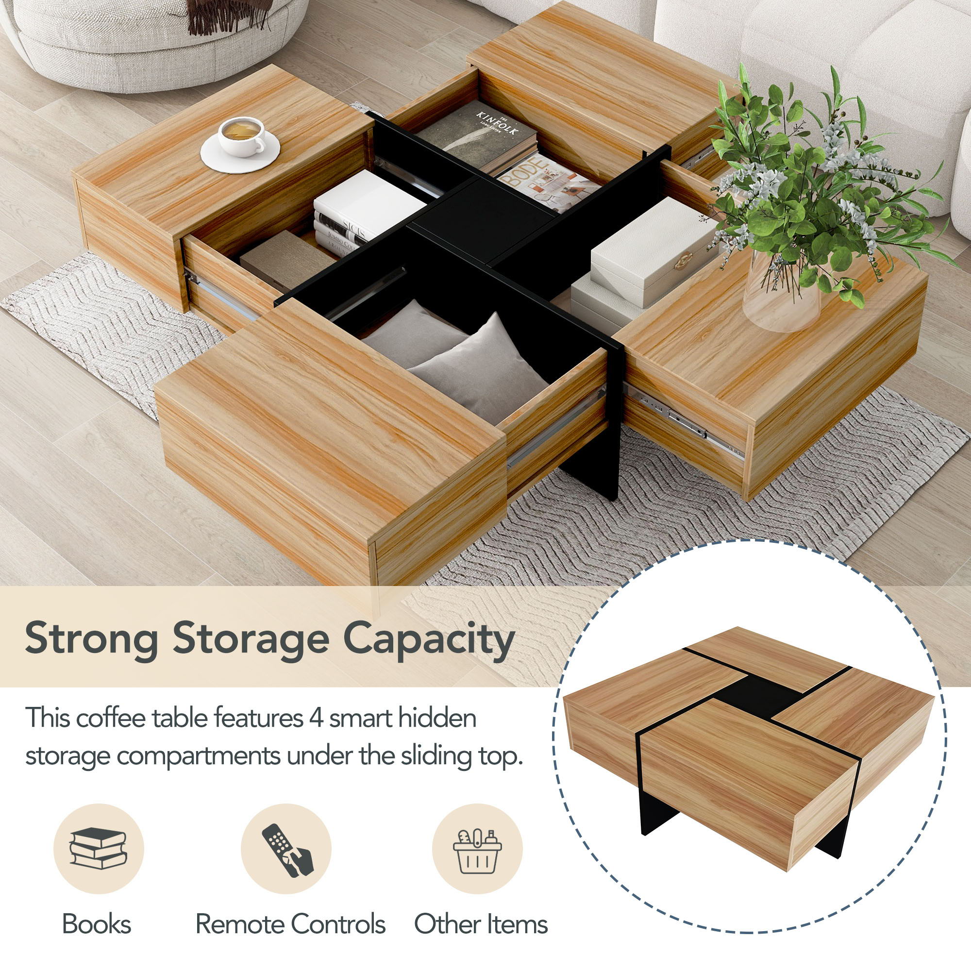 Wallace - Coffee Table With 4 Hidden Storage Compartments - Brown