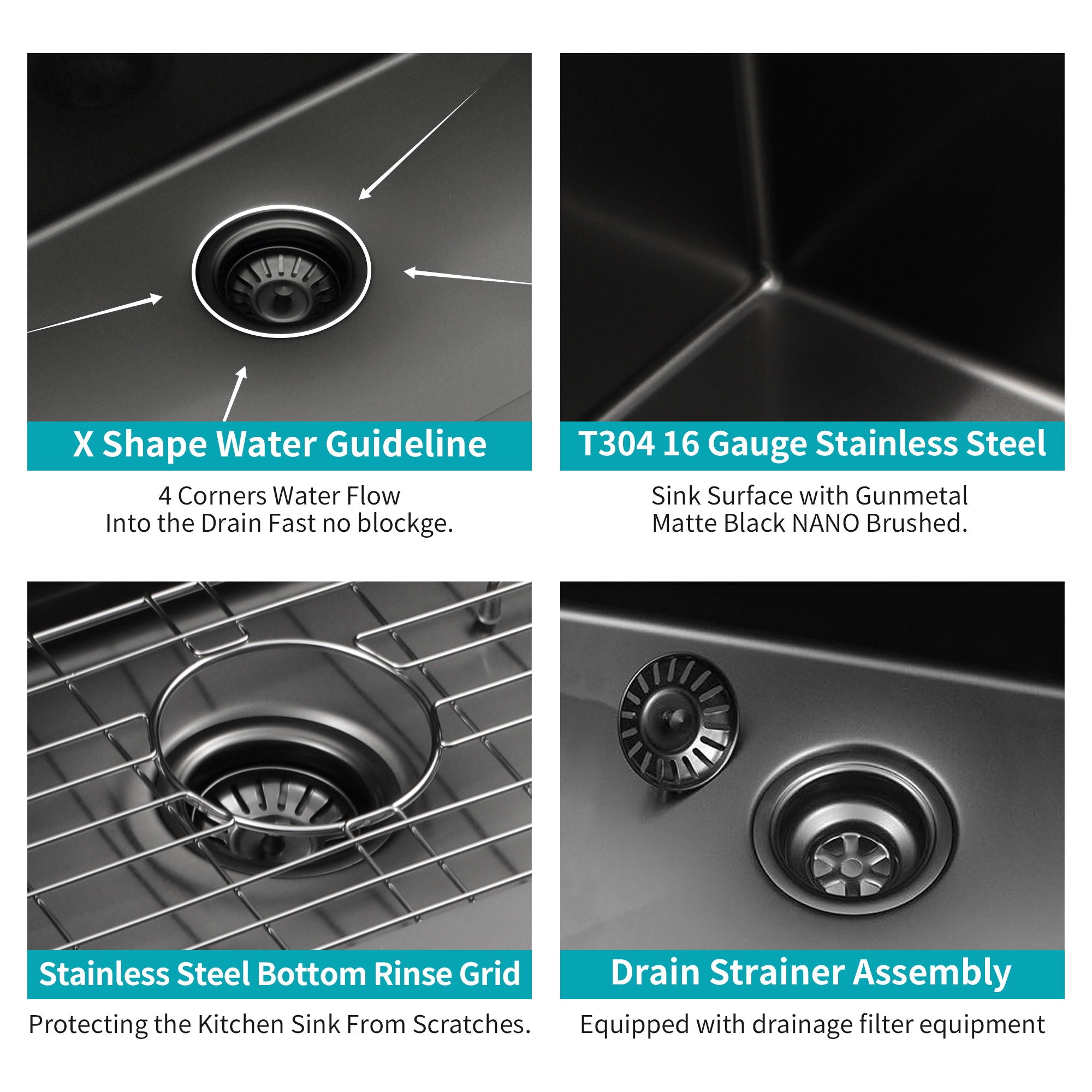 Topmount 16G Stainless Steel Kitchen Sink Deep Single Bowl - Gunmetal Black