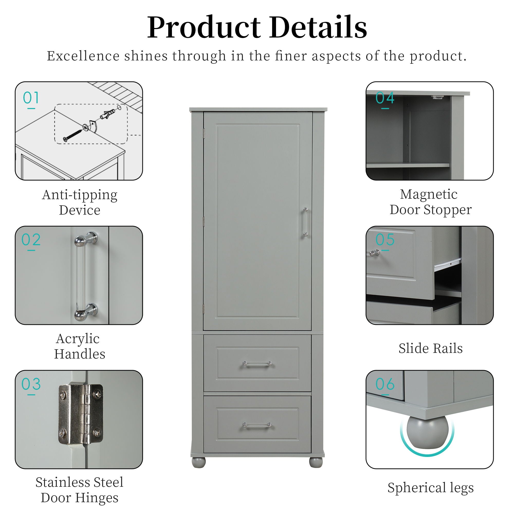 Tall Freestanding Bathroom Storage Cabinet With 2 Drawers And Adjustable Shelf