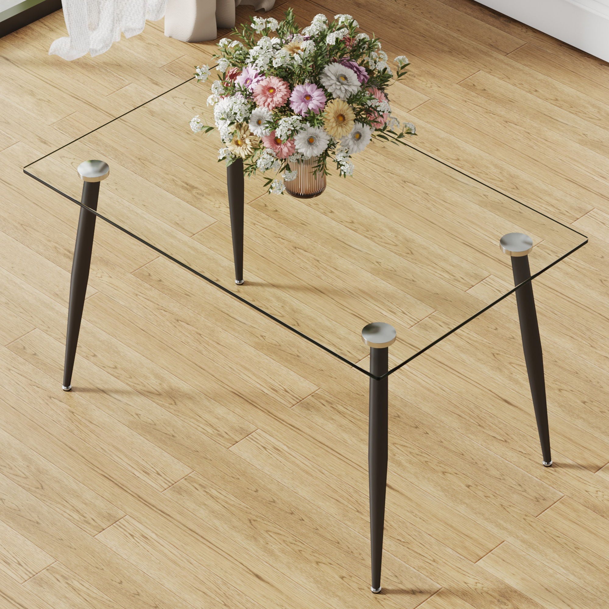 Modern Rectangular Glass Dining Table With Tempered Glass Top And Metal Legs For 4 - 6 People - Black / Transparent