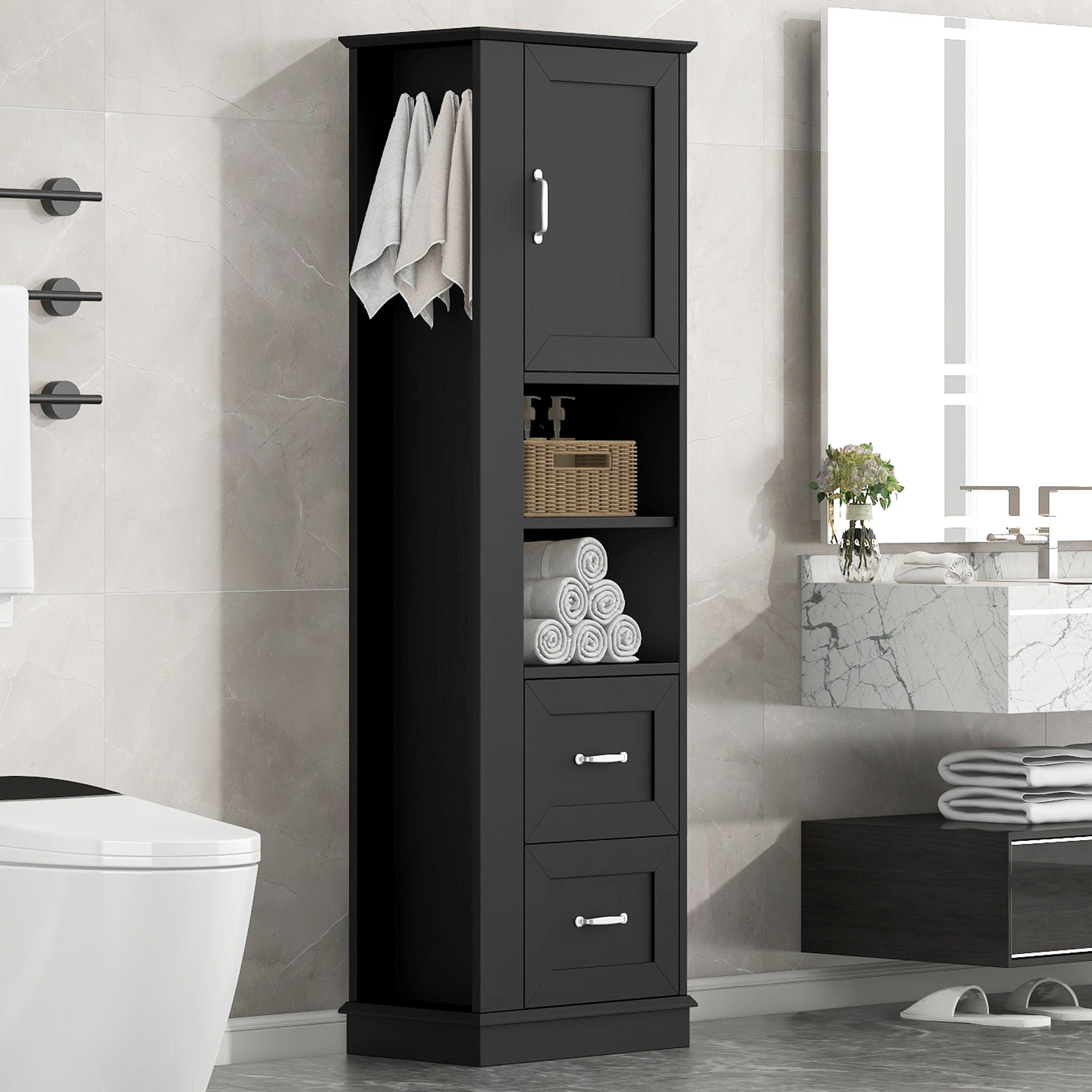 Freestanding Bathroom Storage Cabinet With Adjustable Shelves And Side Hooks Board, Rectangle Design