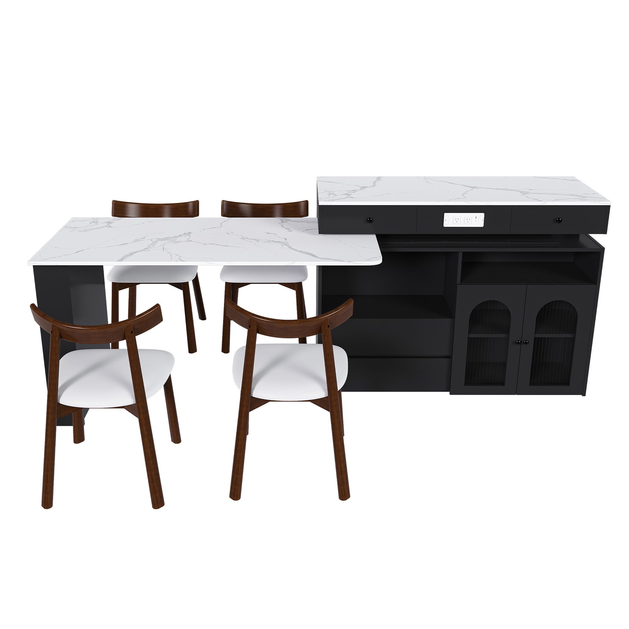 Retro Kitchen Island Set With Chairs, Extendable & Rotating Table, 4 Drawers & Door Cabinets