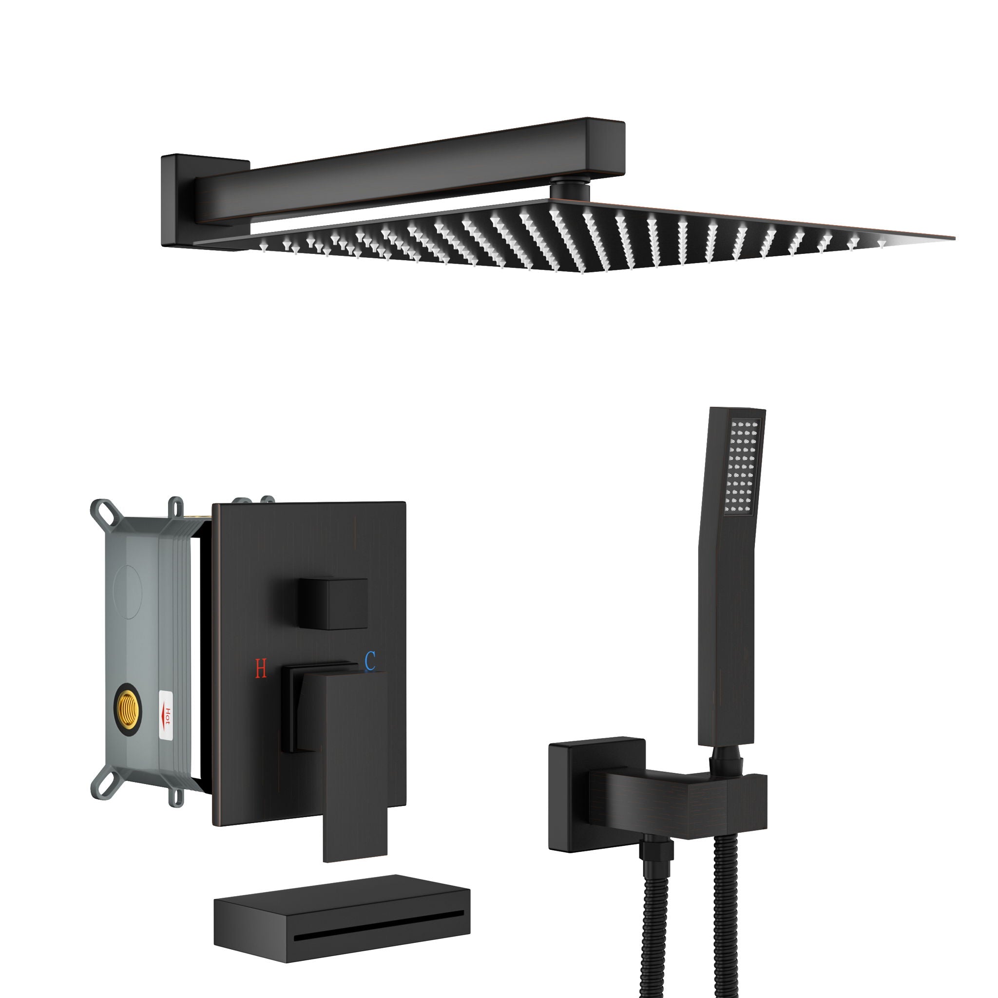 Square Shower System With Waterfall Tub Spout And Rough In Valve, Wall Mounted