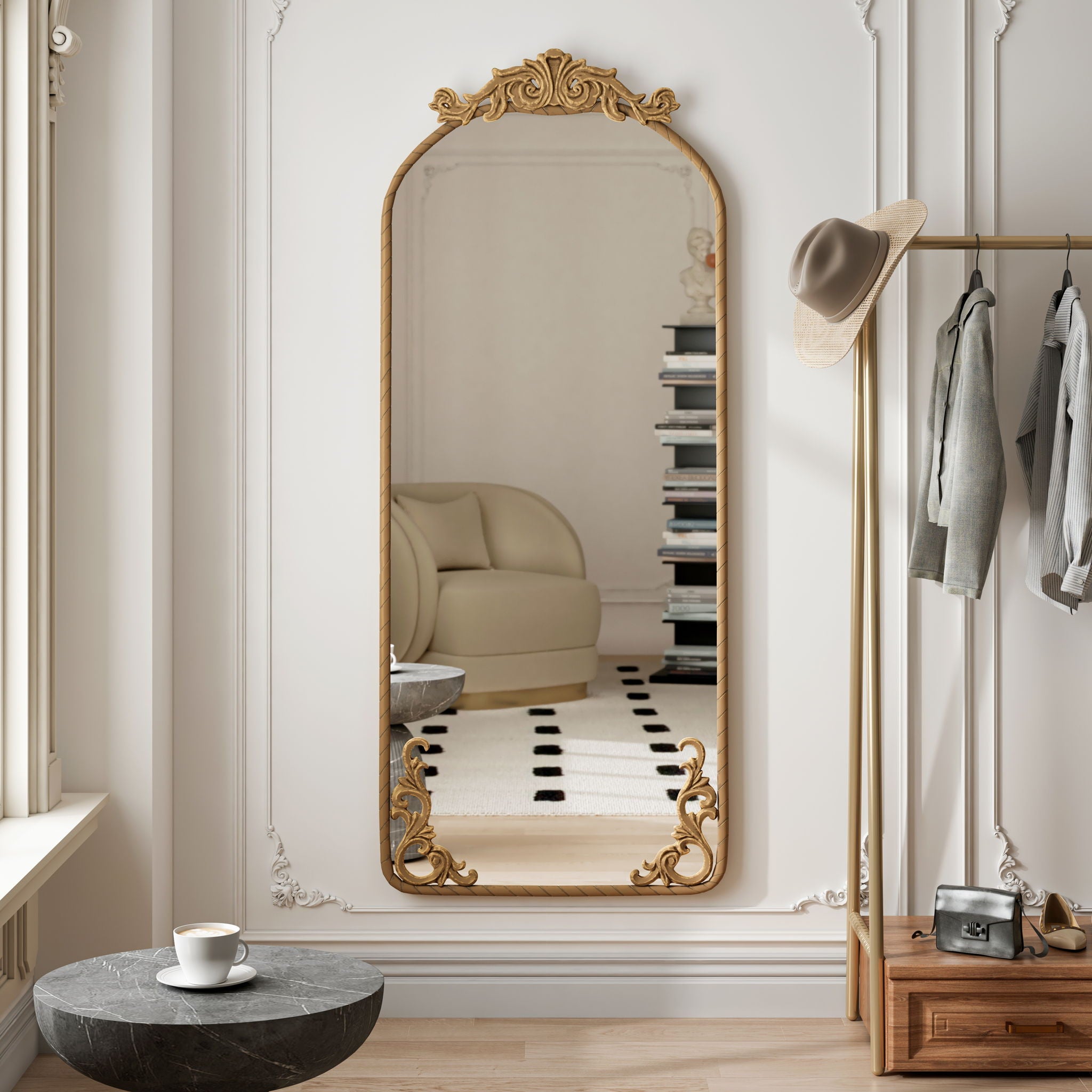 Full Body Arched Mirror With Vintage Carved Applique