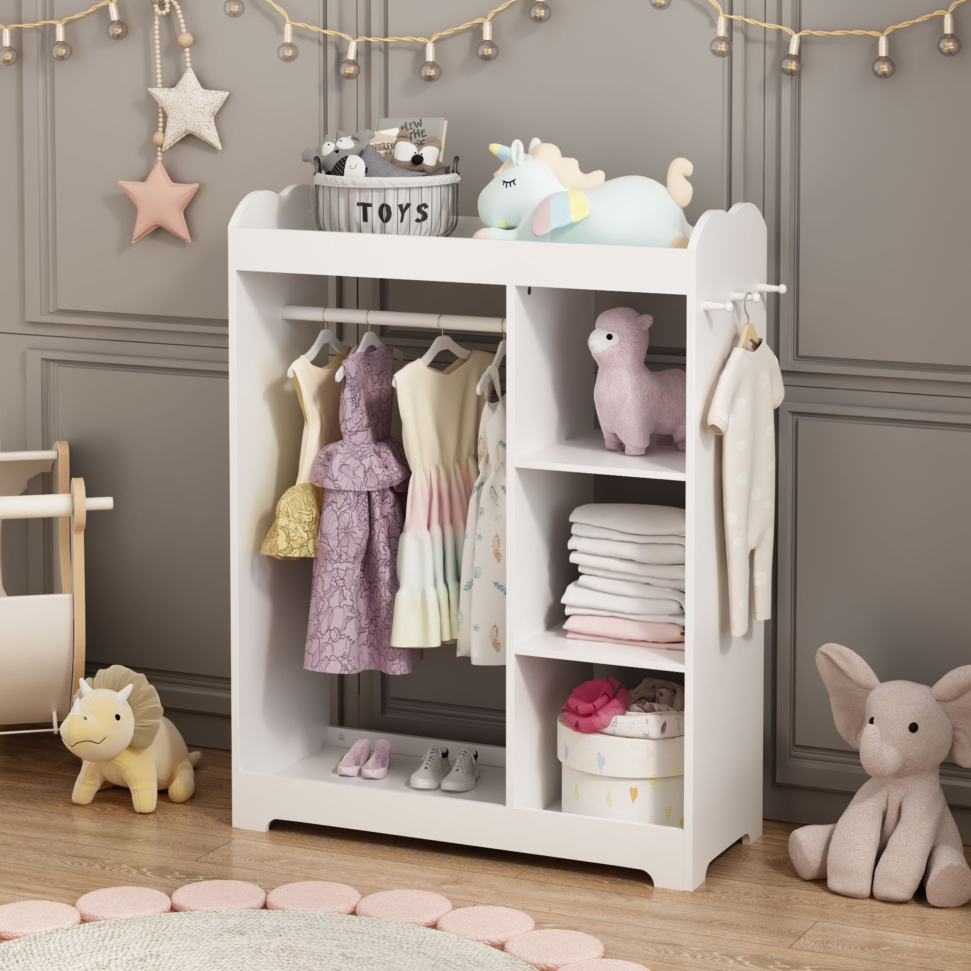 Dress Up Storage With Mirror And Hooks, Clothes Rack With Hanging Rod, 3 Side Hooks, Open Shelves, Top Shelf Organizer - White