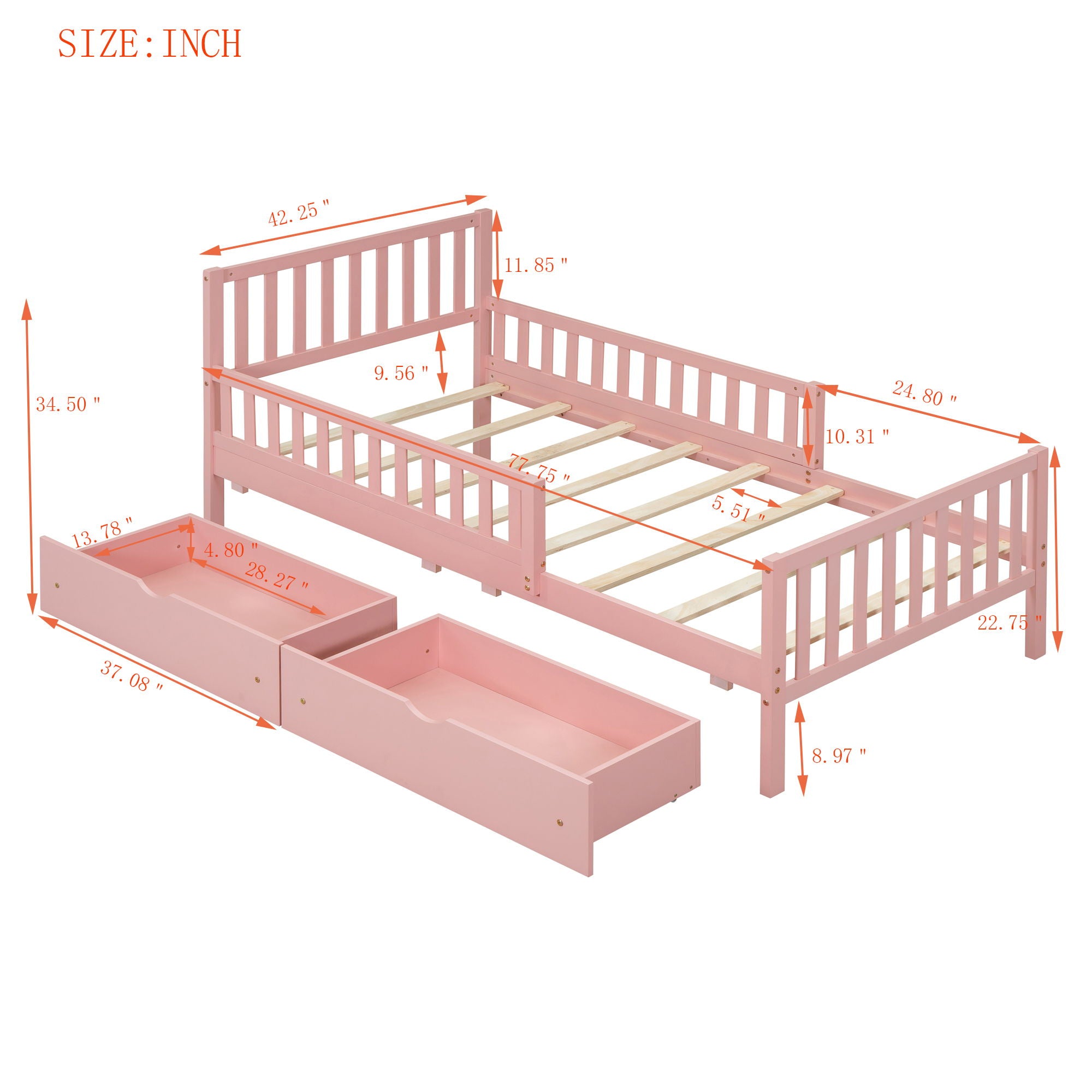 Platform Bed With Guardrails On Both Sides And 2 Storage Drawers