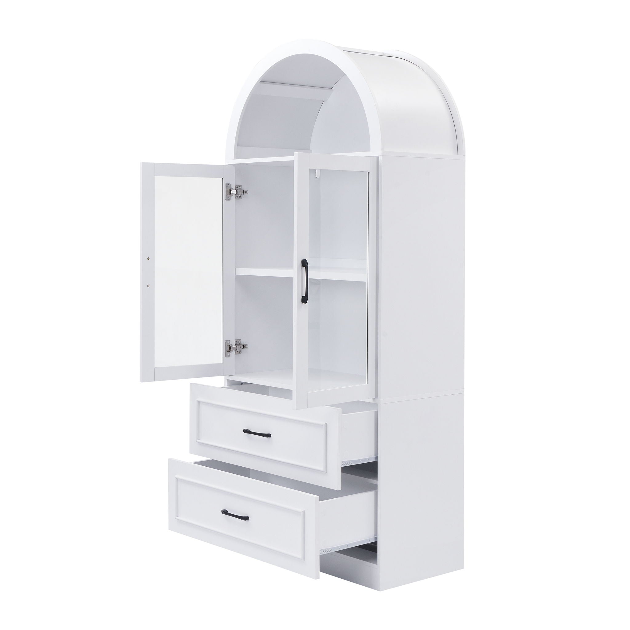 Arched Top Storage Cabinet With Fixed 2 Tier Shelves, 2 Large Drawers