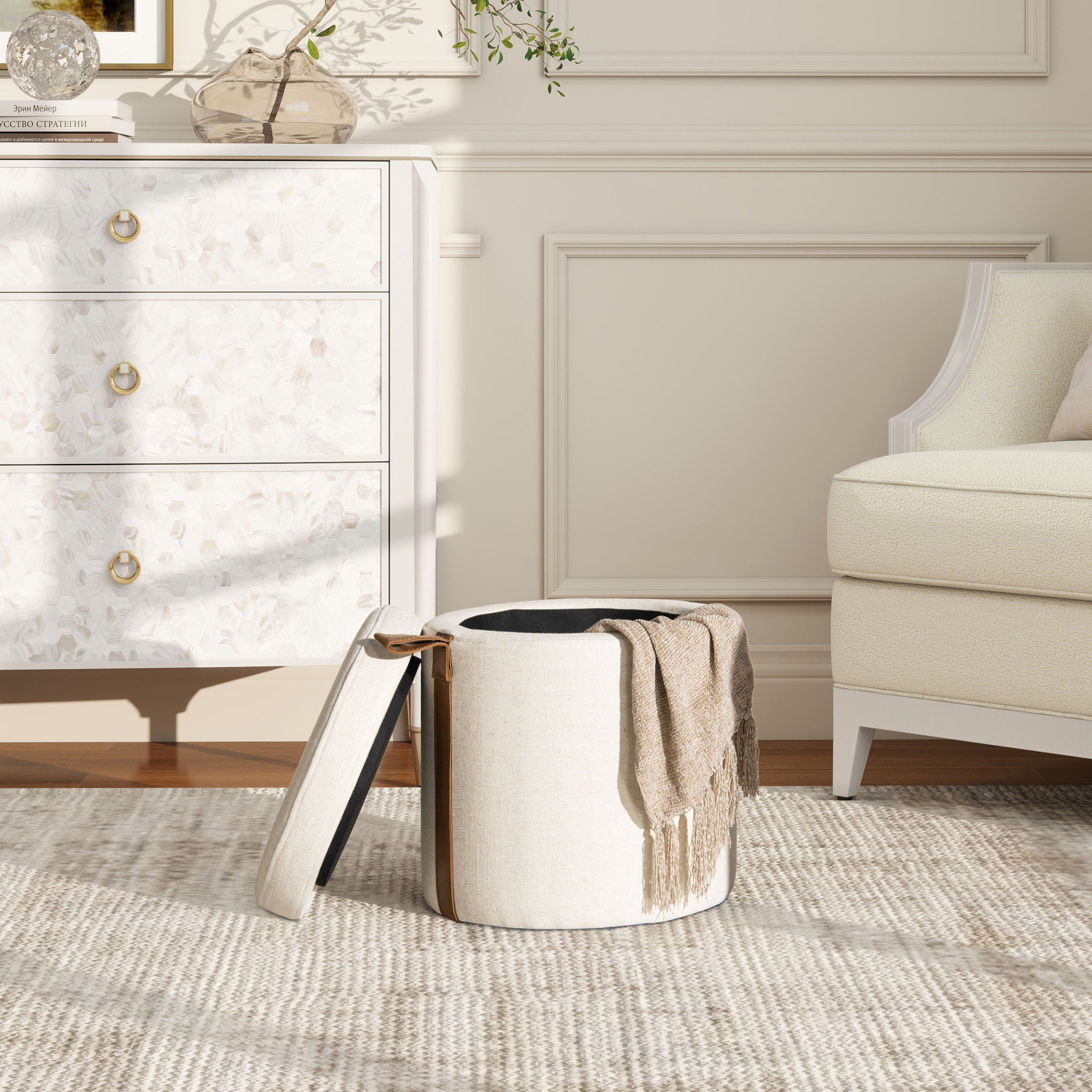 Brandy - Round Upholstered Storage Ottoman With Accent