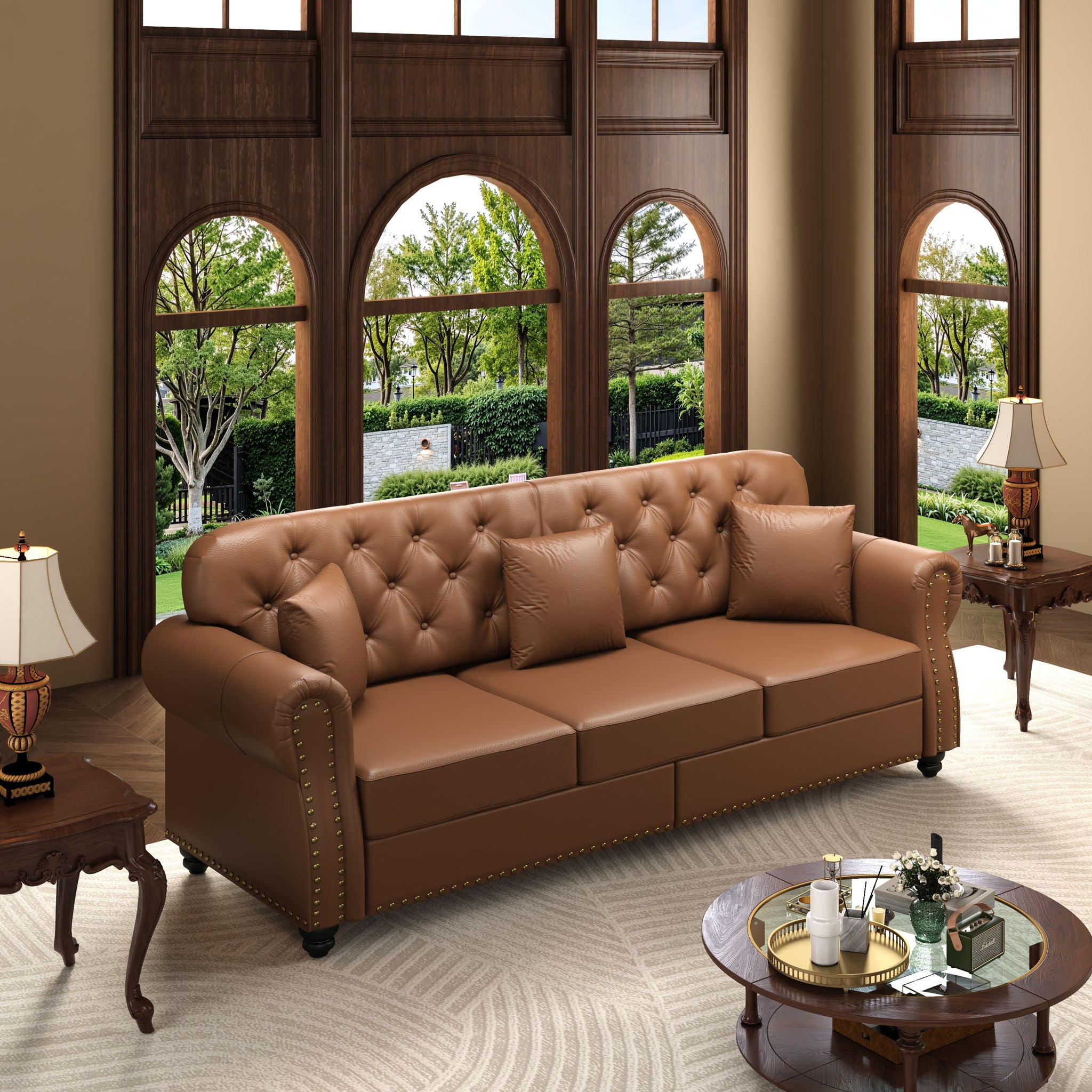 Upholstered Sofa With Nailhead Trim, Rolled Armrests With Ottoman