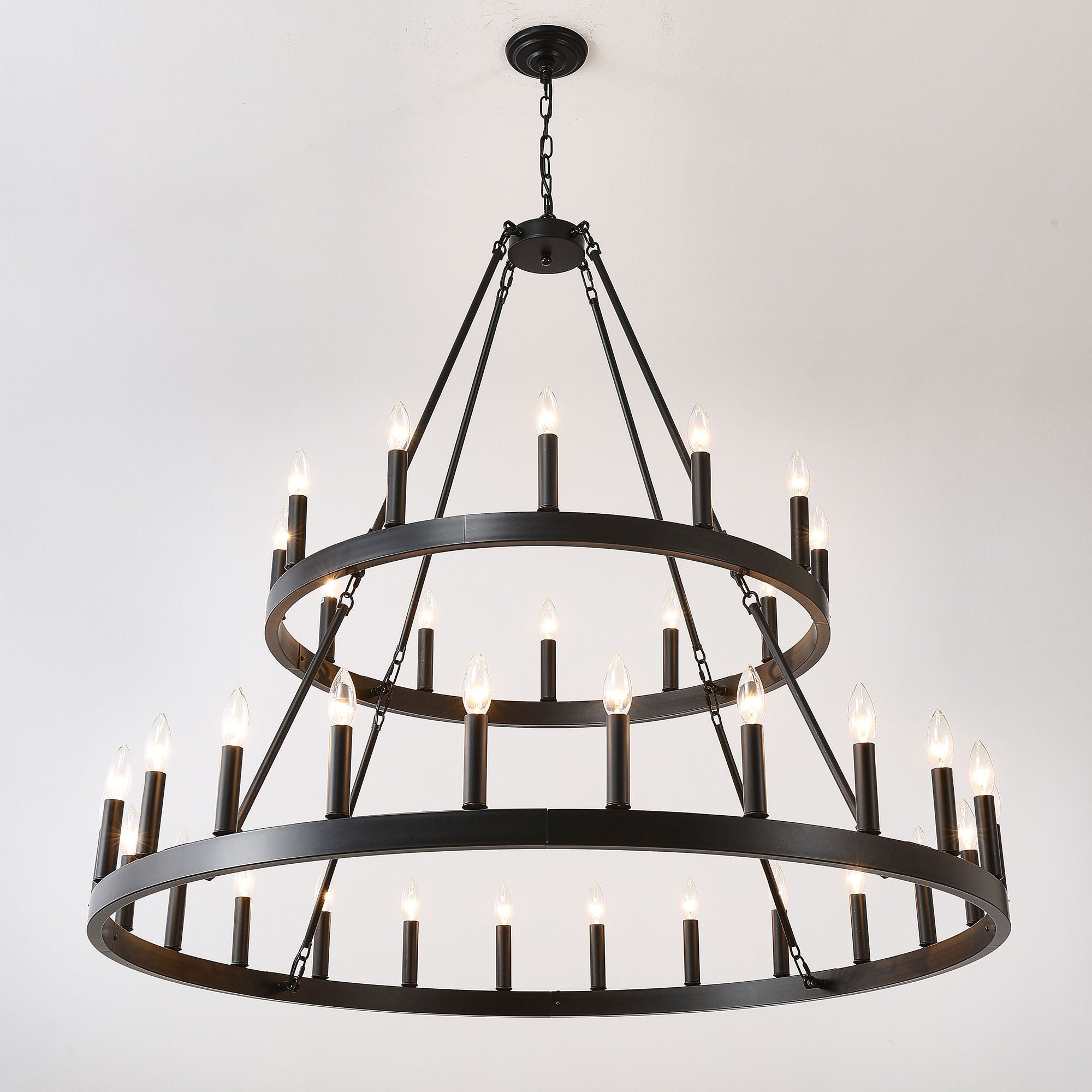 2 Tiers Wagon Wheel Chandelier Wooden Farmhouse 36 Light (24 / 12) Or (12 / 24) Metal Chandeliers 2 Story Light Fixtures Industrial For High Ceiling Living Dining Room Foyer, Adjustable Height - Black