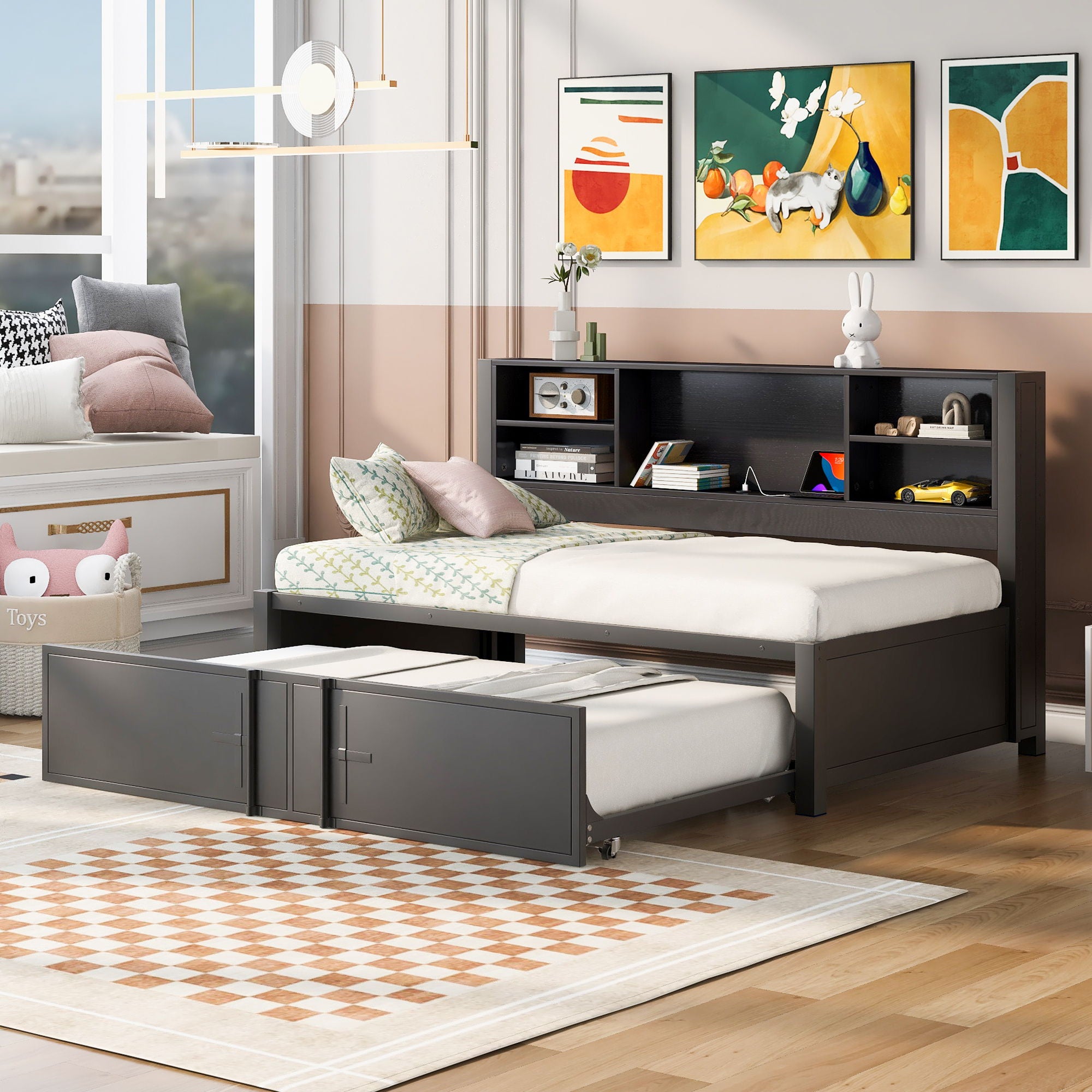 Industrial Metal Daybed With Trundle, Storage Shelves, USB Ports