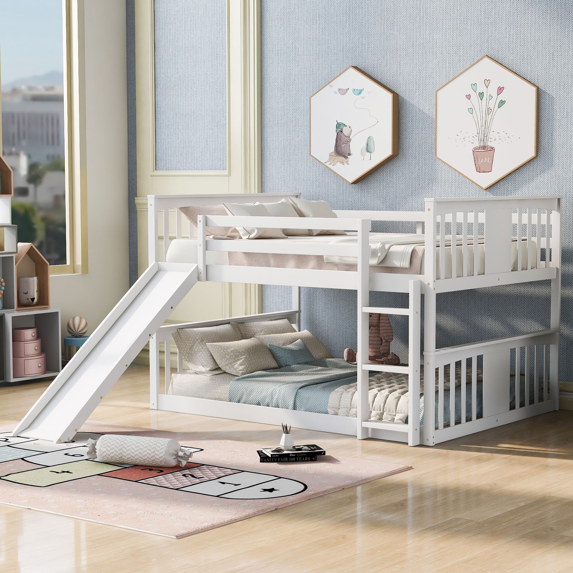 Full Over Full Bunk Bed With Ladder With Slide - White