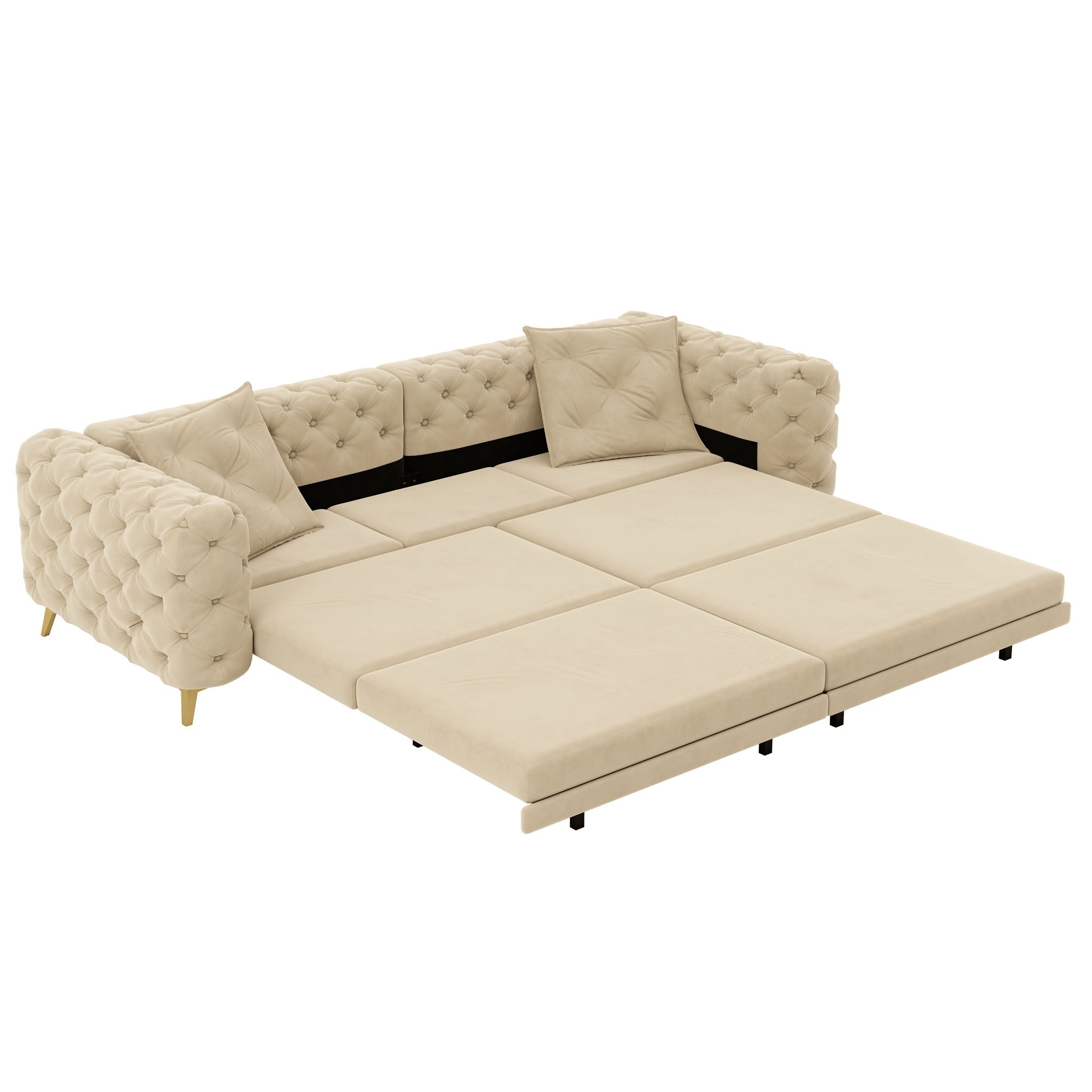 3 In 1 Convertible Sleeper Sofa, Pull Out Bed, Button Tufted, 4 Seater Couch With Movable Ottoman For Apartment - Apricot