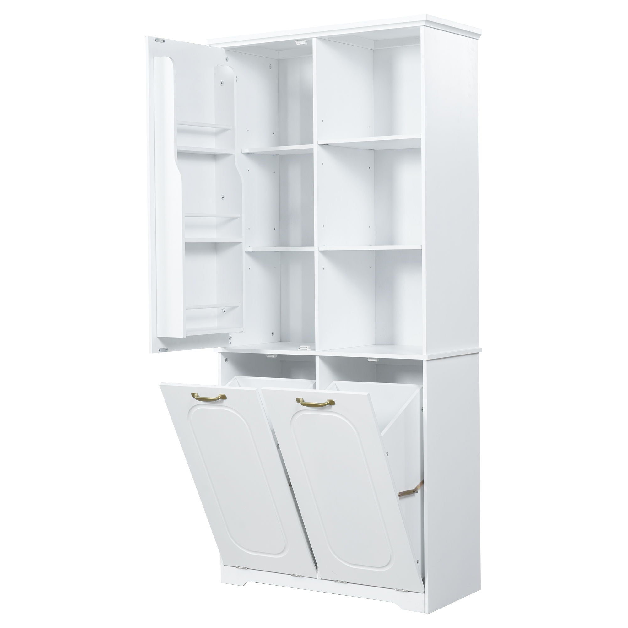 Freestanding Tall Storage Cabinet With 2 Tilt Out Hampers, Adjustable Shelves, Soft Close Door, Door Mounted Organizer - White