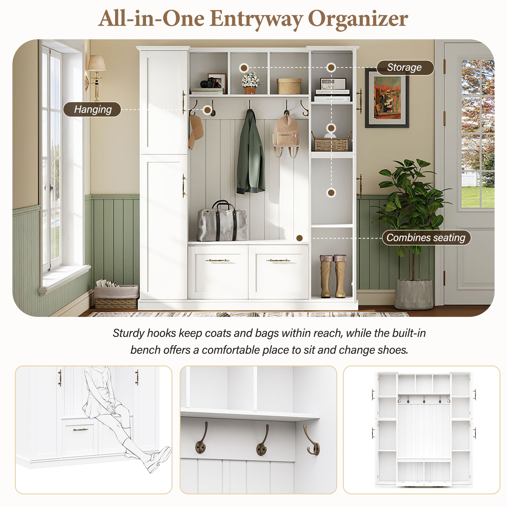 Hall Tree With 4 Side Cabinets