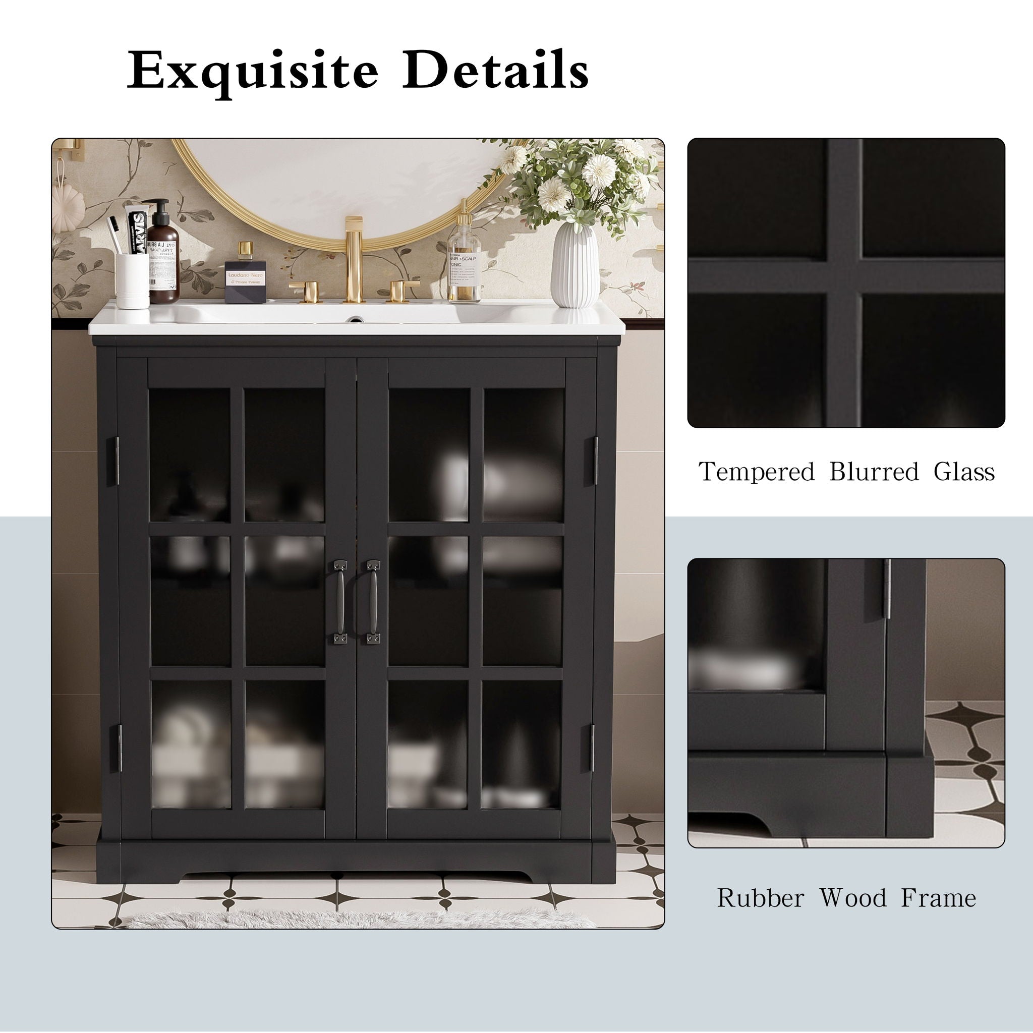 Modern Bathroom Vanity With Ceramic Sink, Tempered Blurred Glass Doors