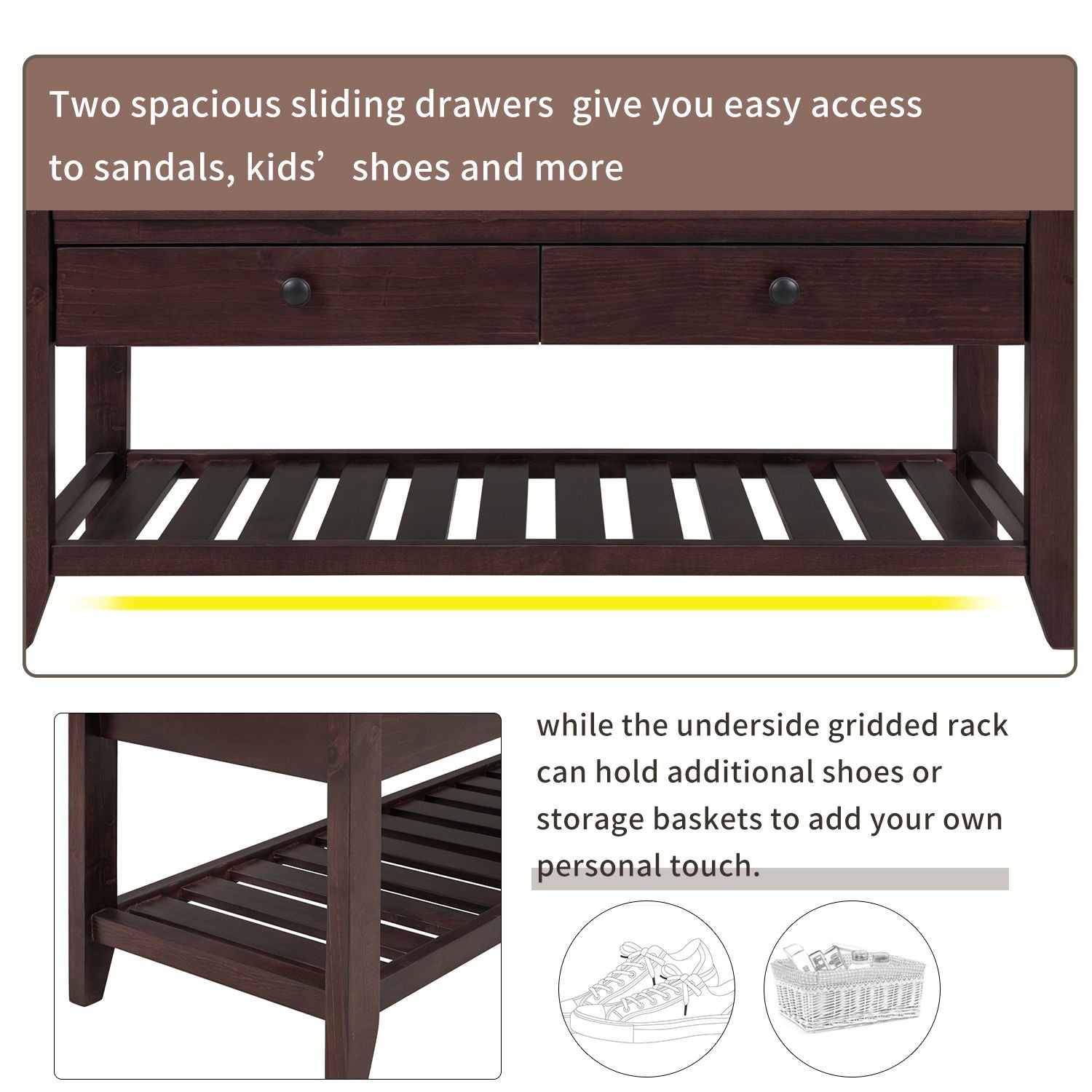 Multipurpose Entryway Shoe Rack With Cushioned Seat And Drawers