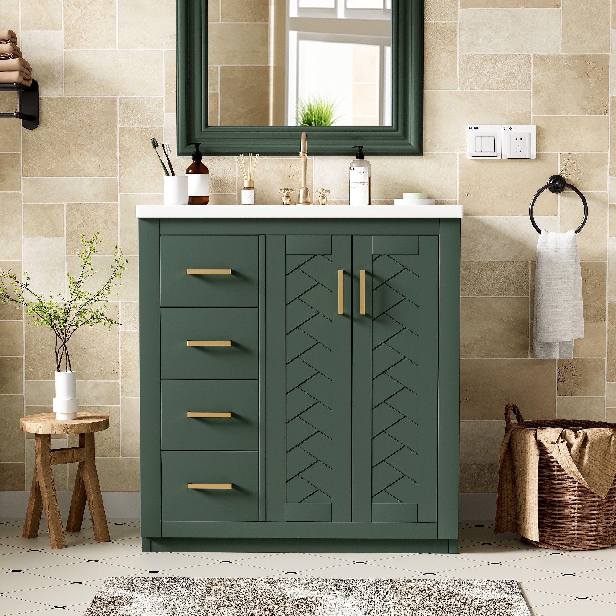 Ceramic Sink Combo, Freestanding Vanity Set With 3 Drawers & Soft Closing Doors