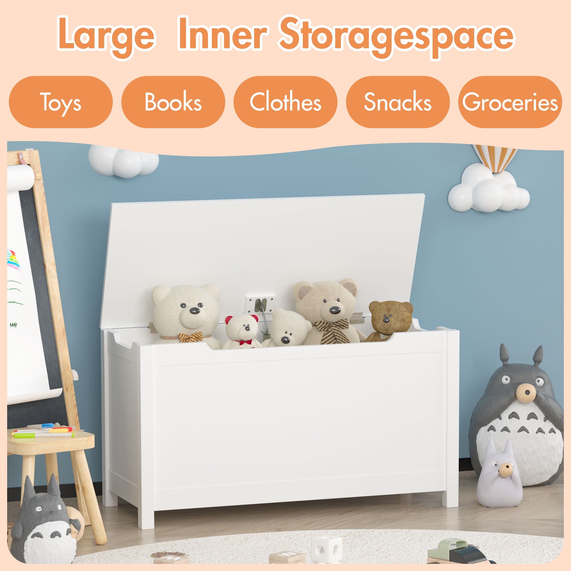 Toy Box Storage With Safety Hinged Lid