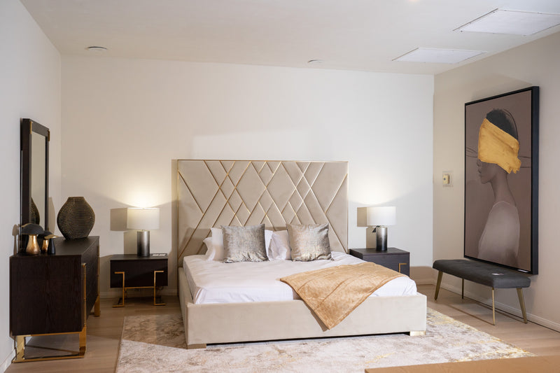 Modrest Eldora - Queen Glam Beige Velvet and Brushed Brass Bed