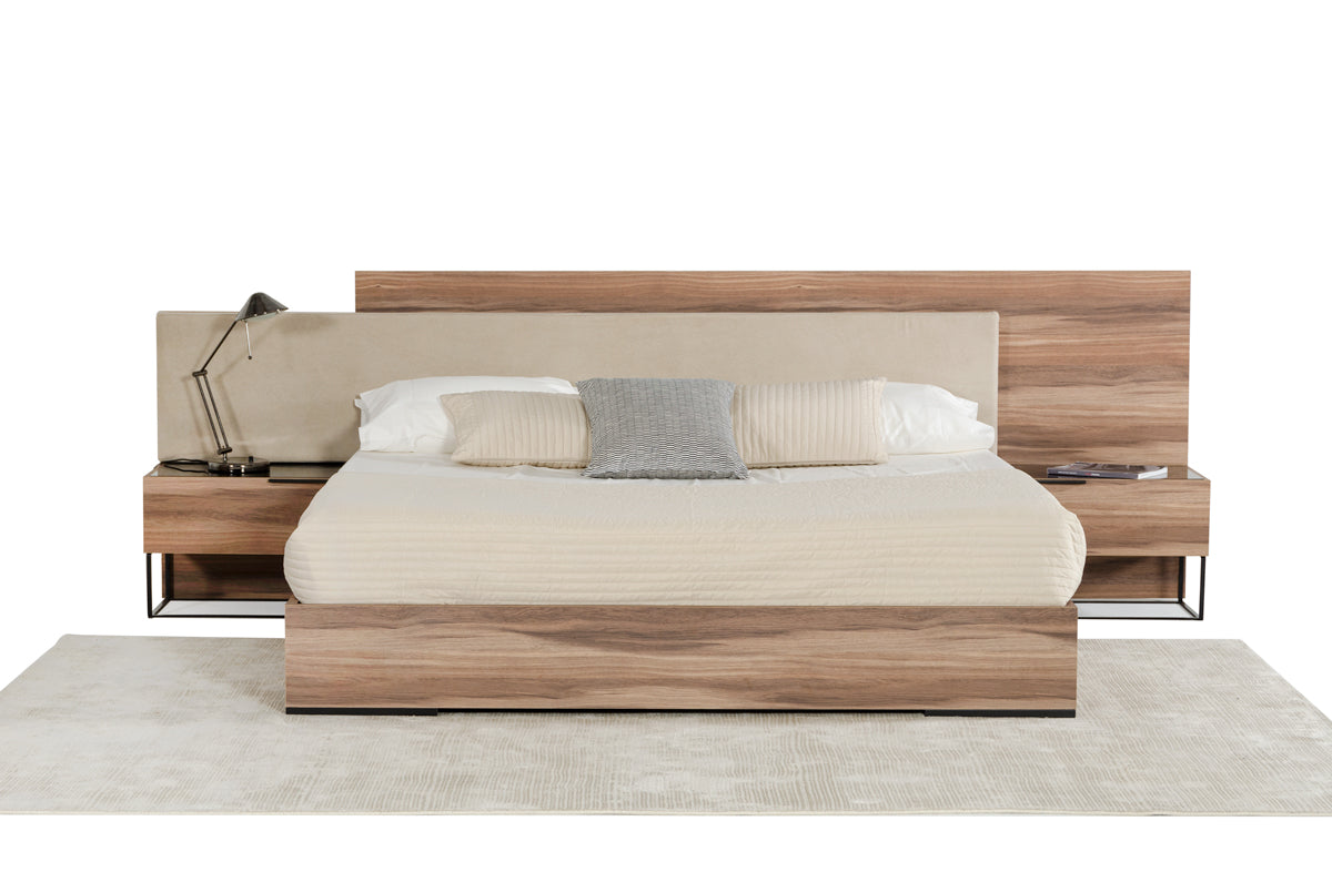 Nova Domus Matteo Italian Modern Walnut & Fabric Bed + 2 Nightstands + Dresser Set
