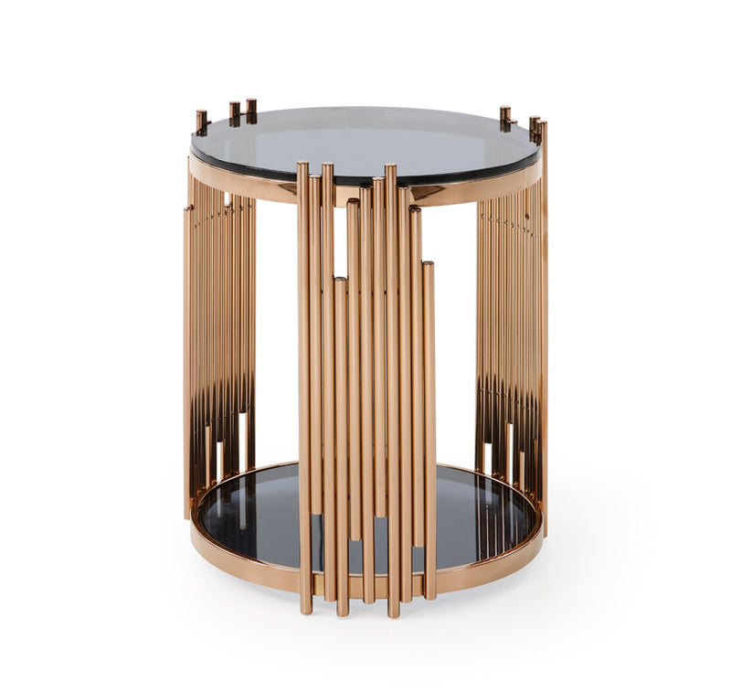 Modrest Bryce Modern Smoked Glass & Rosegold Round End Table