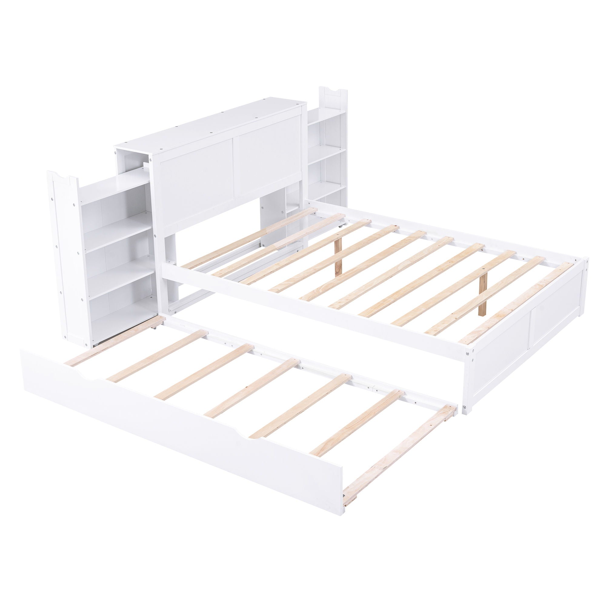 Storage Platform Bed With Pull Out Shelves And Trundle