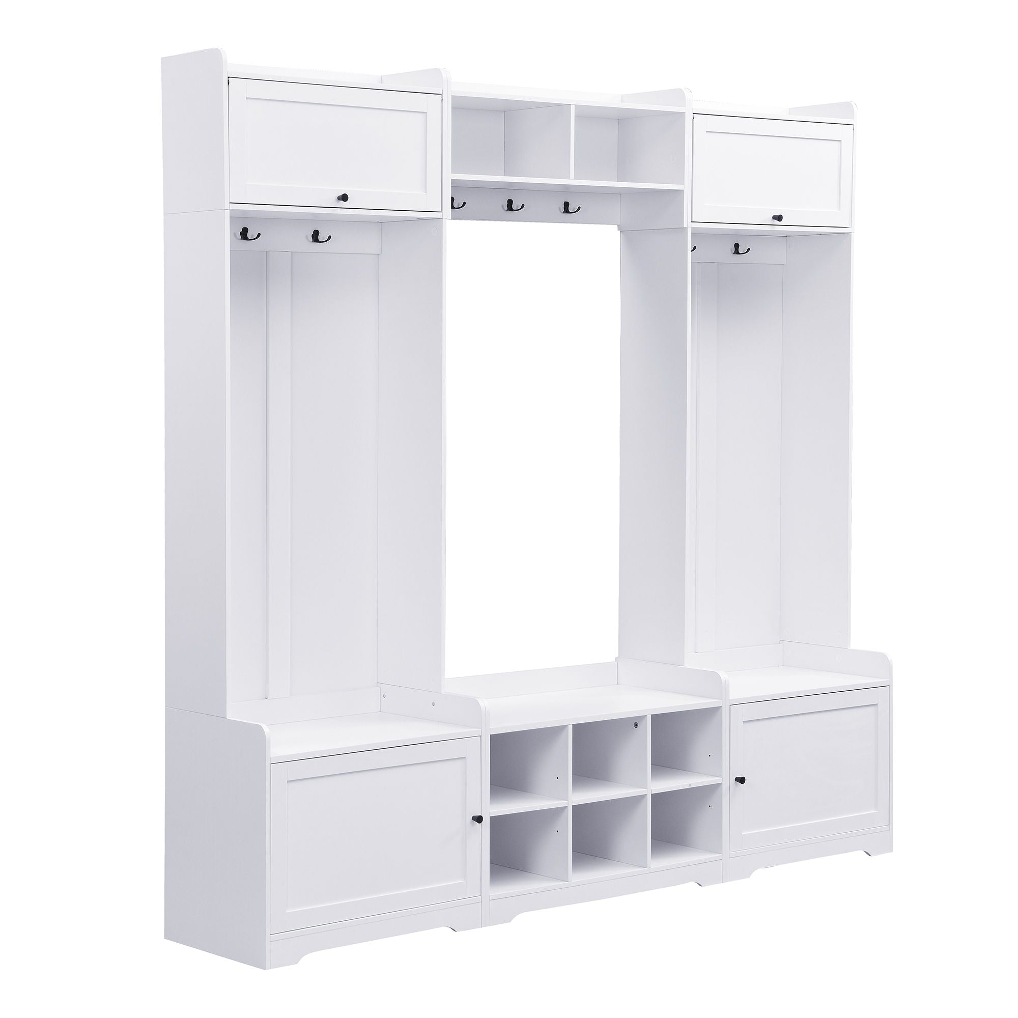 Wide Hall Tree With Shoe Storage, 4 In 1 Entryway Bench With 8 Cubbies, 7 Coat Hooks & Adjustable Shelf For Hallway - White