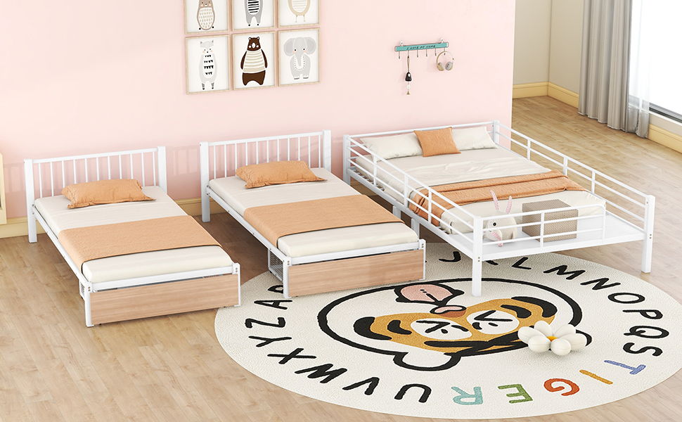 Triple Bunk Bed With Drawers, Multi-Functional Frame With Desks And Shelves In The Middle