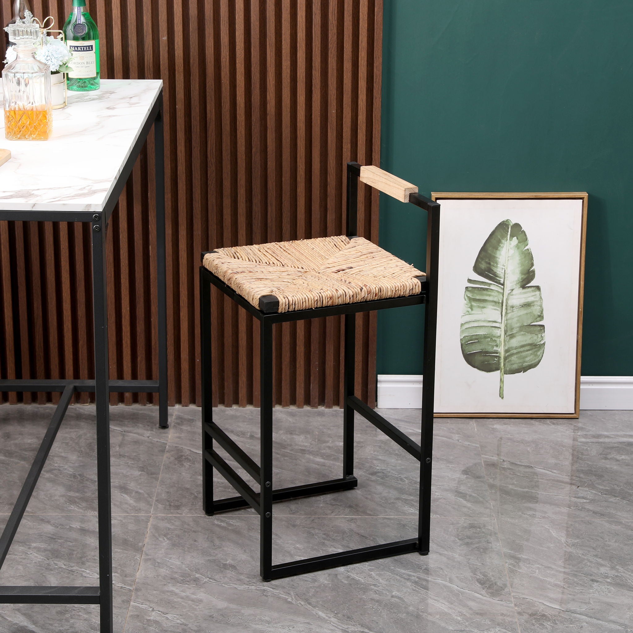 Water Hyacinth Woven Bar Stools With Back Support, Counter Height Dining Chairs (Set of 2) - Natural