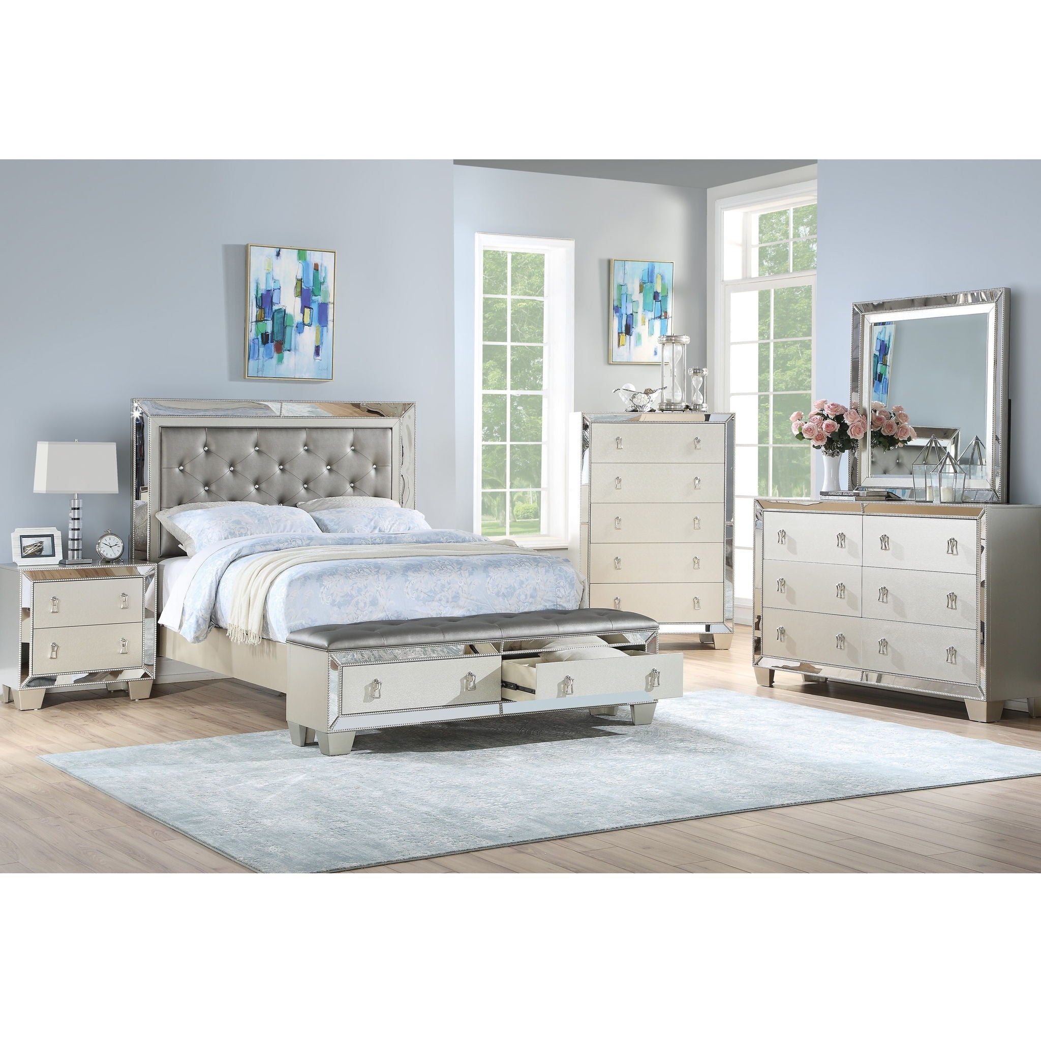 Nightstand With 2 Drawers And Mirror Accent - Silver