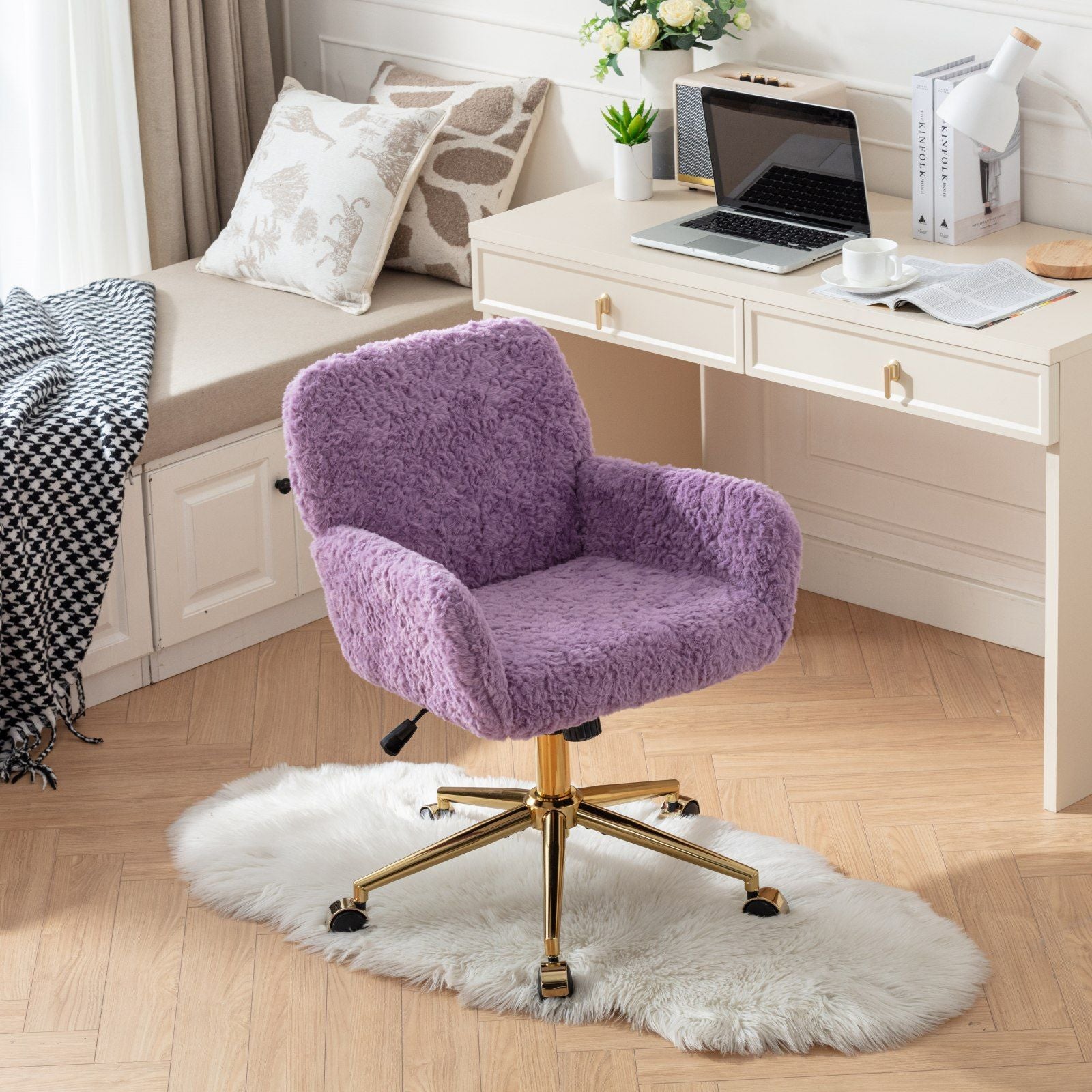 Office Chair, Artificial Rabbit Hair Home Office Chair With Metal Base, Adjustable Desk Chair Swivel Office Chair, Vanity Chair